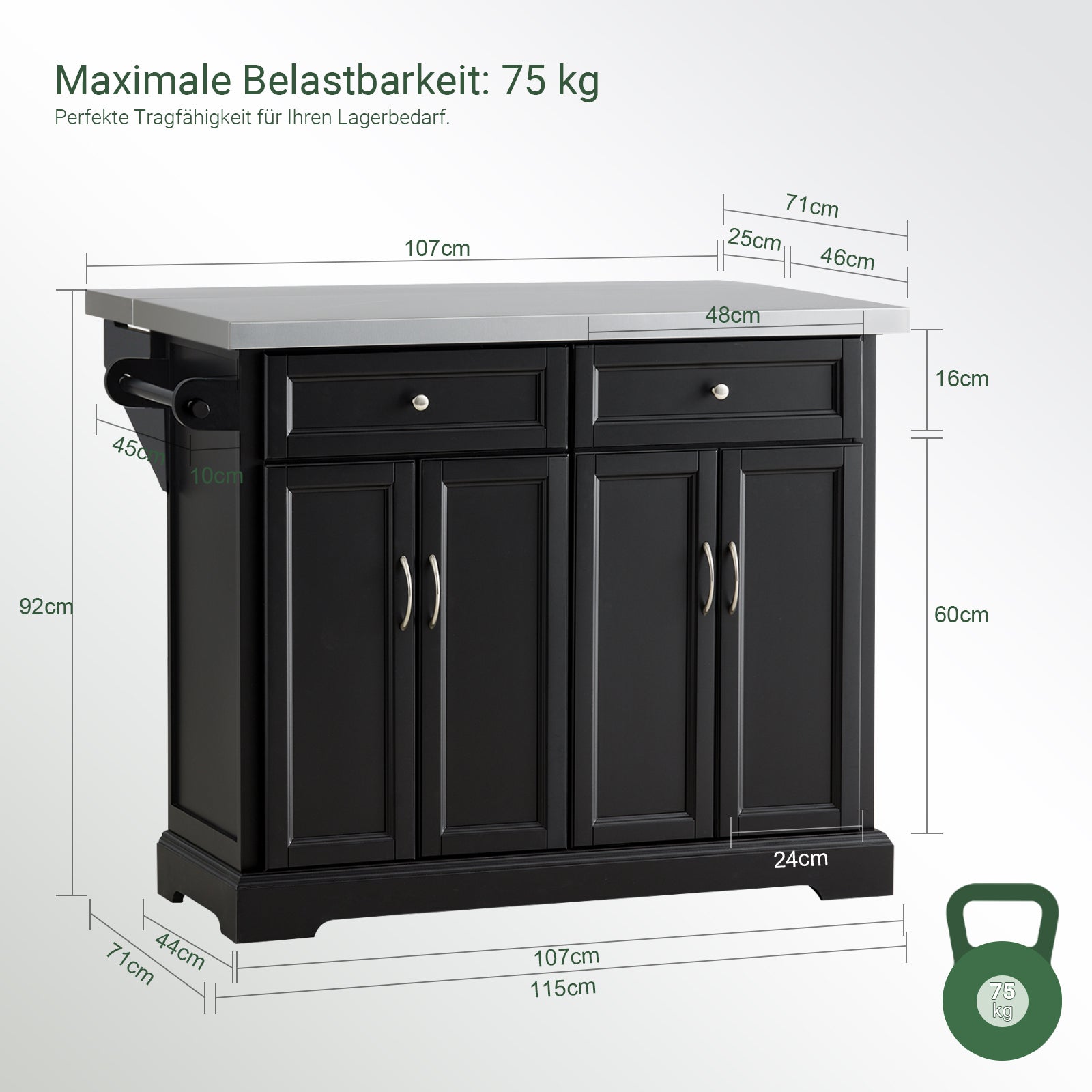 SoBuy | Kücheninsel | Küchenwagen mit erweiterbarer Arbeitsfläche | Küchenschrank Schwarz | FKW71-SCH