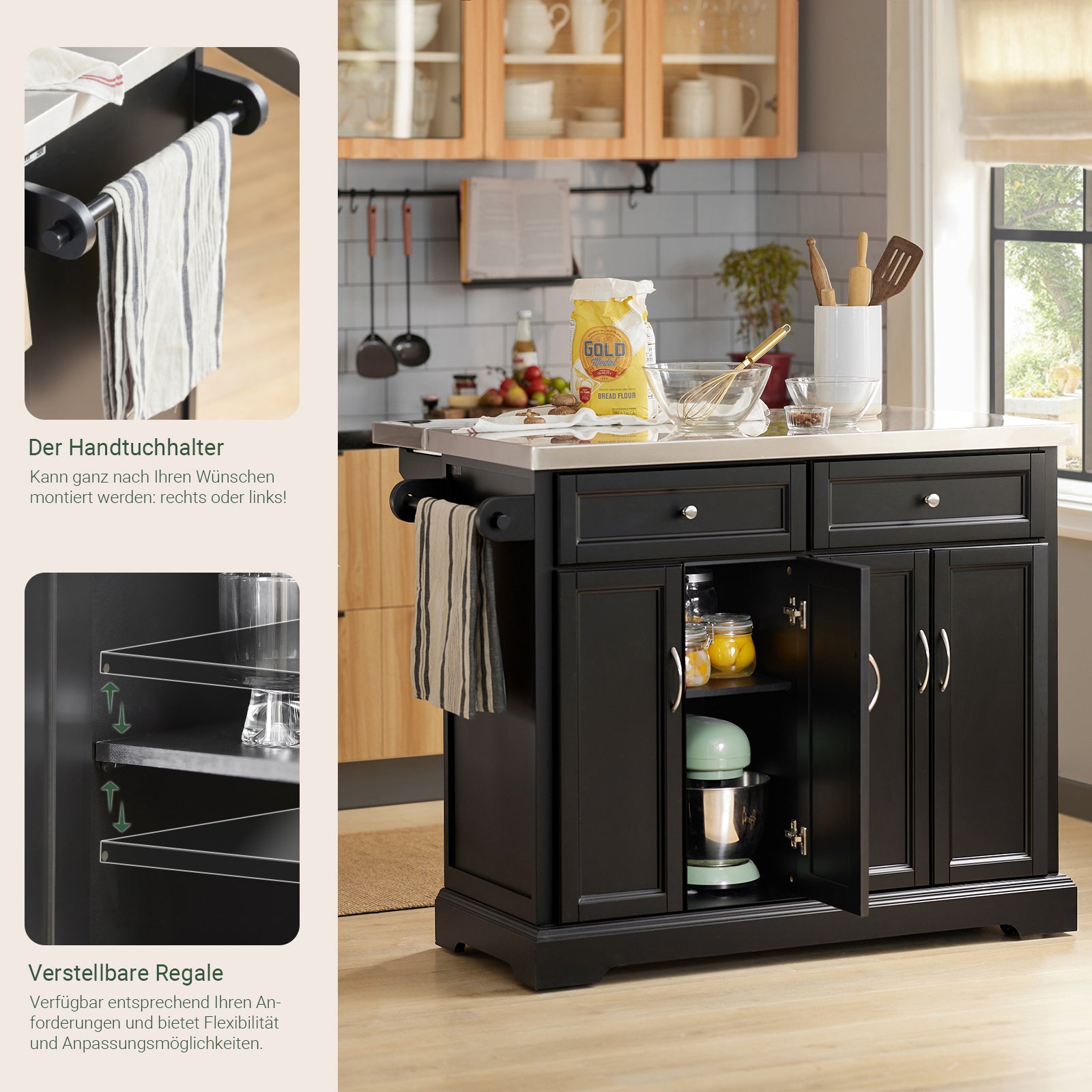 SoBuy | Kücheninsel | Küchenwagen mit erweiterbarer Arbeitsfläche | Küchenschrank Schwarz | FKW71-SCH