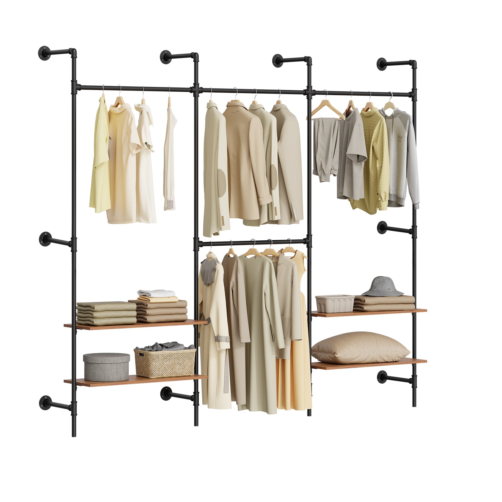 SoBuy Kleiderstange Wandmontage mit 4 MDF Regalböden 120kg Tragkraft Schwarz KLS19-SCH