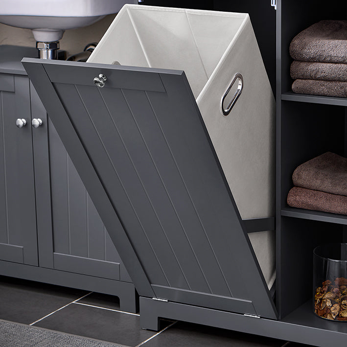 SoBuy | Hochschrank mit Wäschesack | Badschrank | Wäscheschrank | Badregal | Dunkelgrau | BZR104-DG