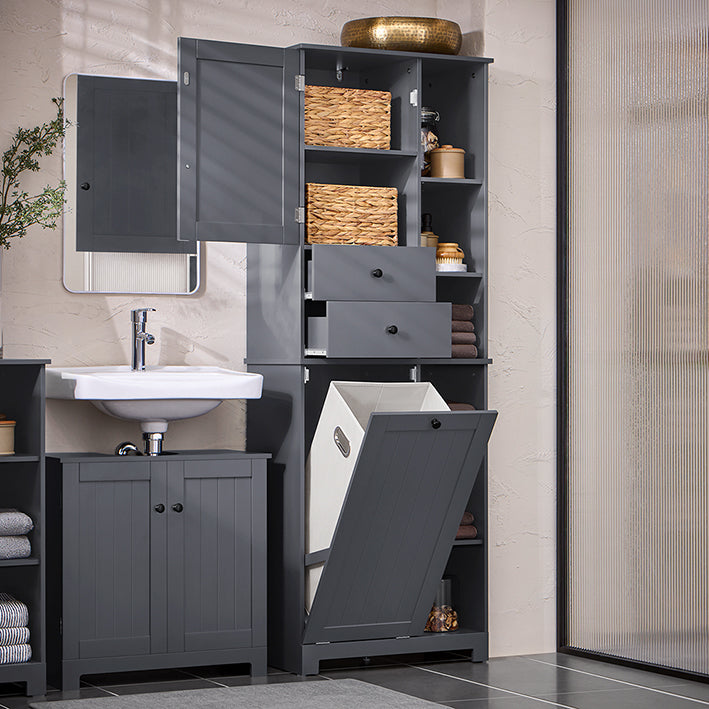 SoBuy | Hochschrank mit Wäschesack | Badschrank | Wäscheschrank | Badregal | Dunkelgrau | BZR104-DG