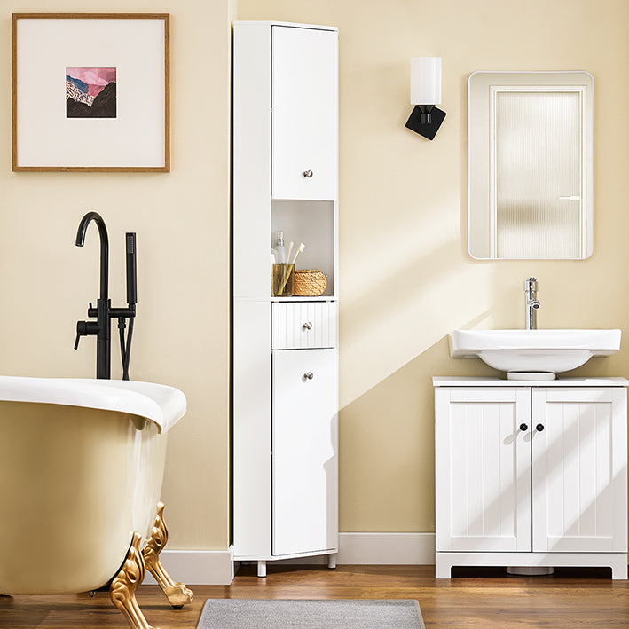 SoBuy | Hochschrank mit 2 Türen | Aufbewahrungsschrank | schmaler Badschrank Weiß | BZR193-W