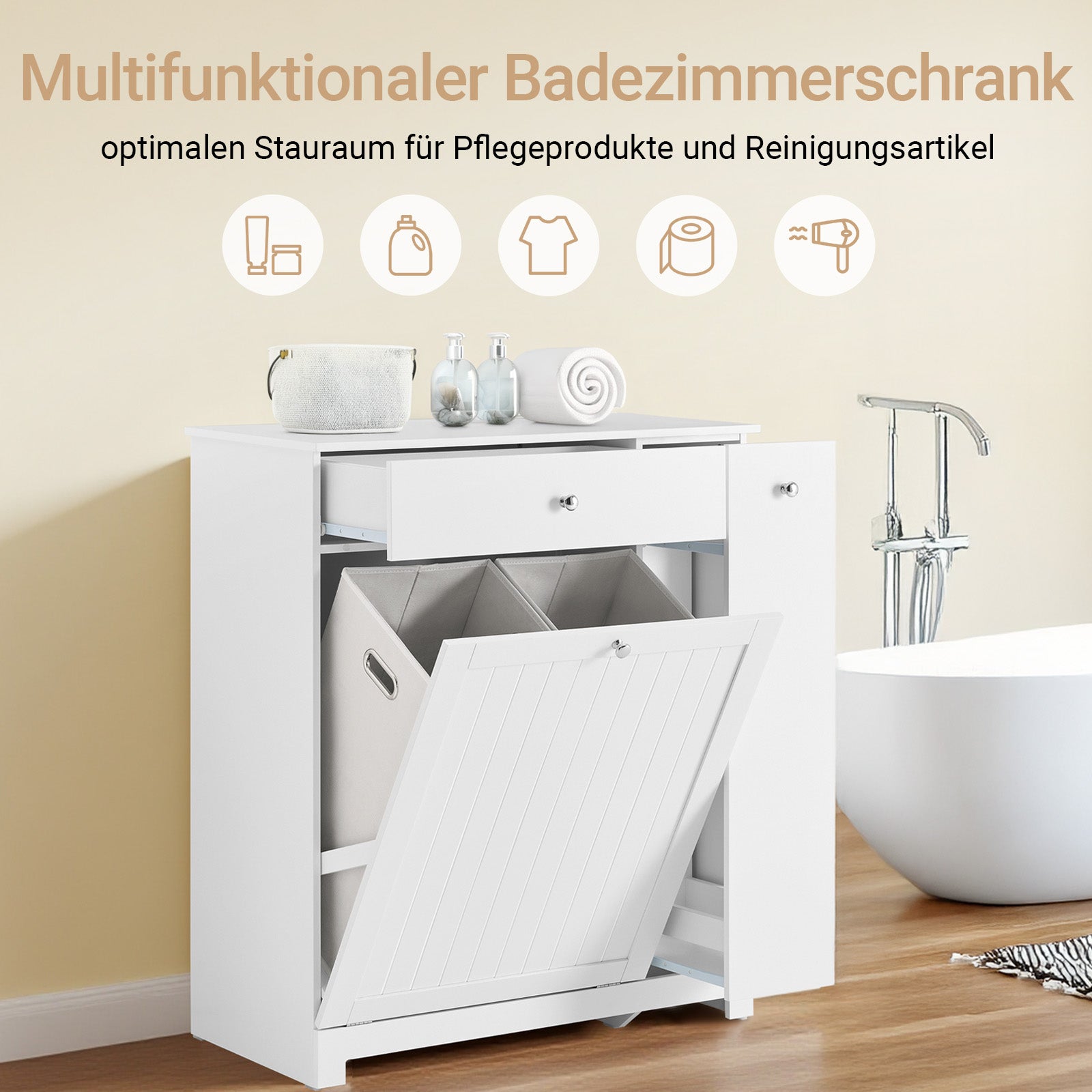SoBuy | Badezimmerschrank | mit 1 Schublade | 2 Wäschekörben & Ausziehfach | Weiß | 78x38x90cm | BZR214-W