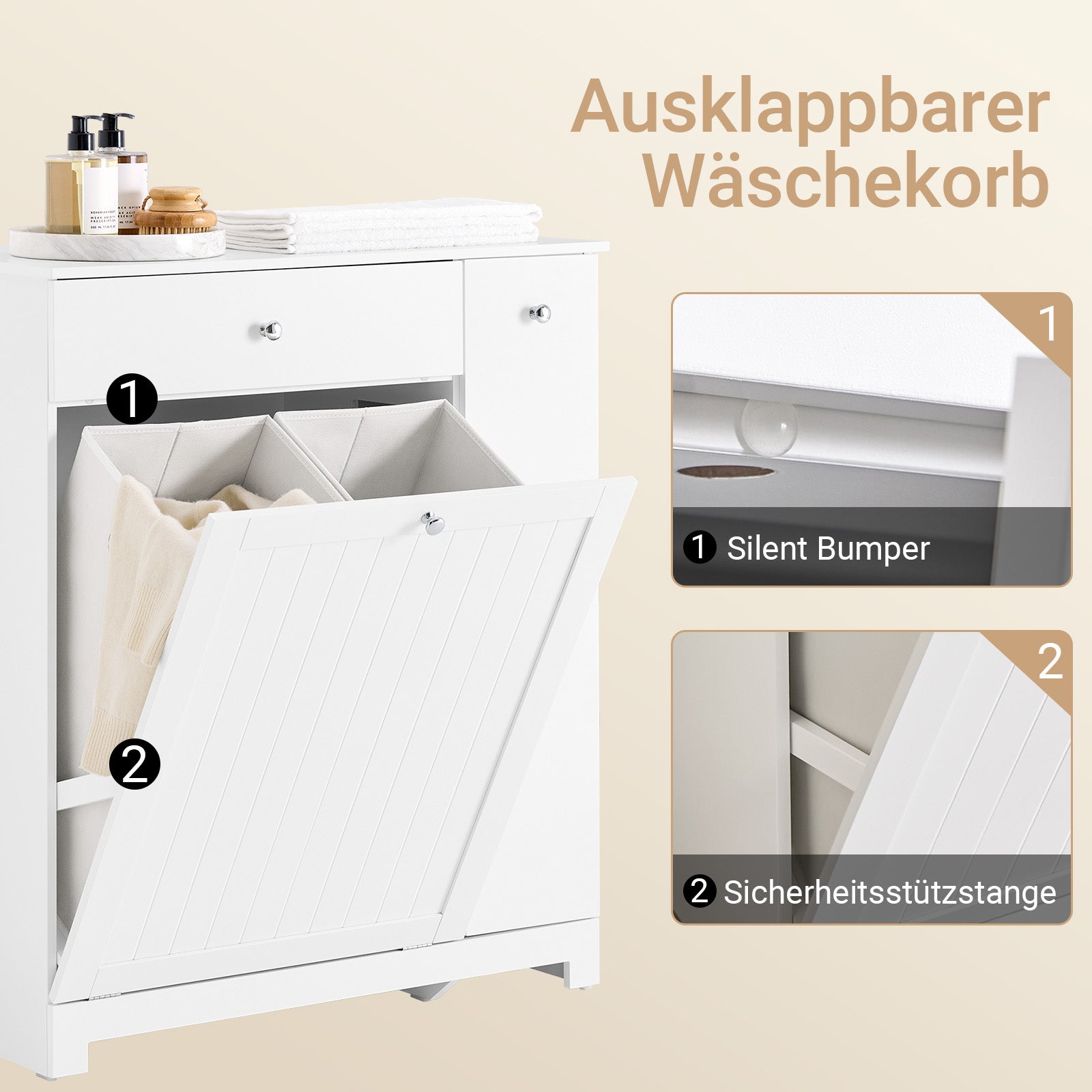 SoBuy | Badezimmerschrank | mit 1 Schublade | 2 Wäschekörben & Ausziehfach | Weiß | 78x38x90cm | BZR214-W