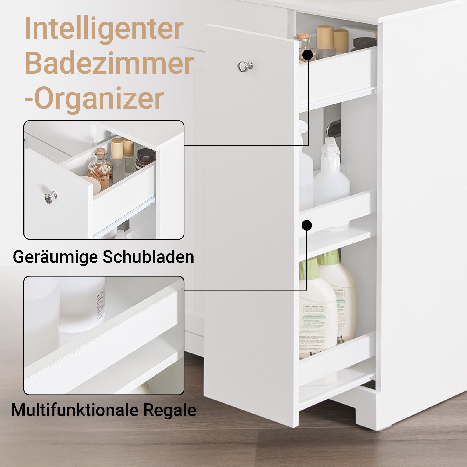 SoBuy | Badezimmerschrank | mit 1 Schublade | 2 Wäschekörben & Ausziehfach | Weiß | 78x38x90cm | BZR214-W