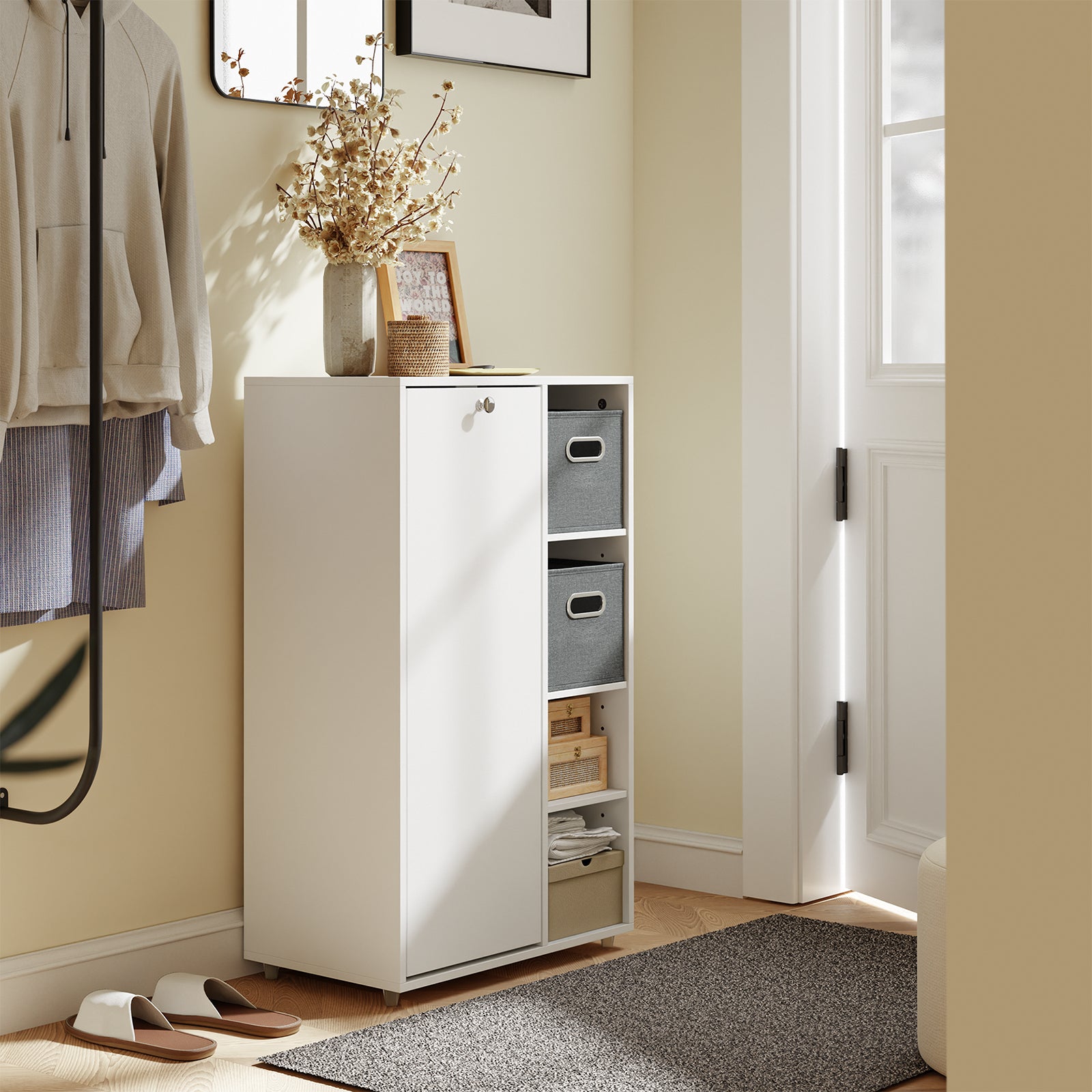 SoBuy Badezimmerschrank mit Wäschekorb schmal Weiß 50 cm 2 Stoffschubladen BZR218-W