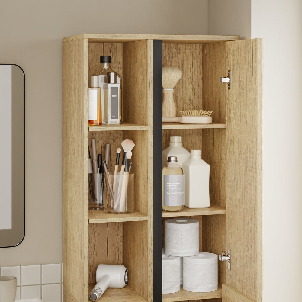 SoBuy Hochschrank Badezimmerschrank schmal in Light Oak Helle Eiche BZR237-E-N