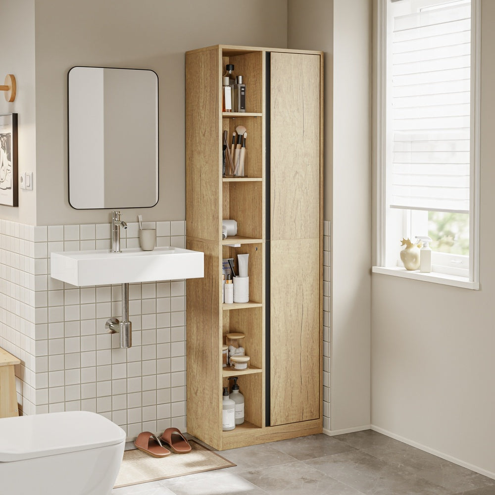 SoBuy Hochschrank Badezimmerschrank schmal in Light Oak Helle Eiche BZR237-E-N