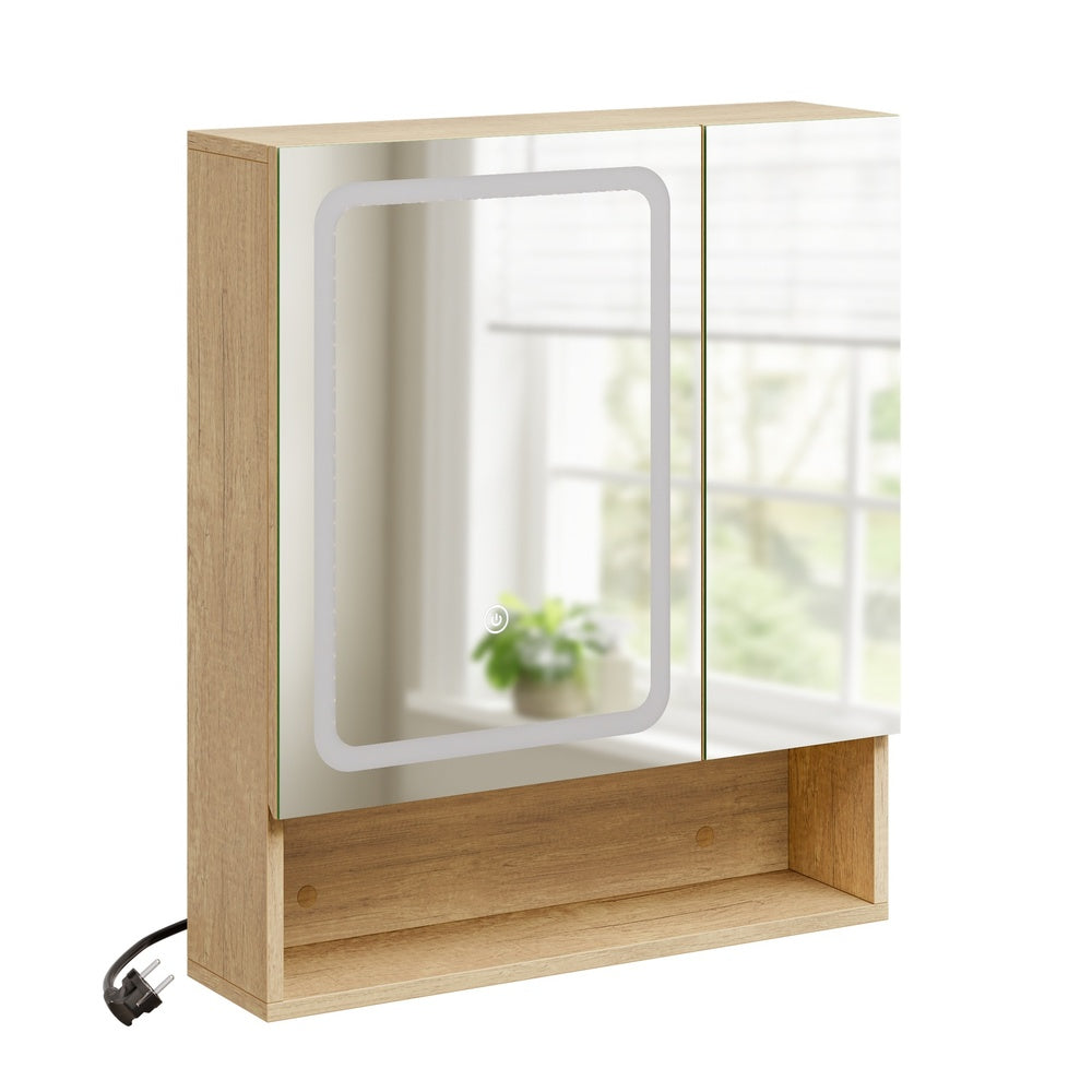 SoBuy Hangeschrank Spiegelschrank Bad mit Beleuchtung und Steckdose Helle Eiche BZR238-E-N