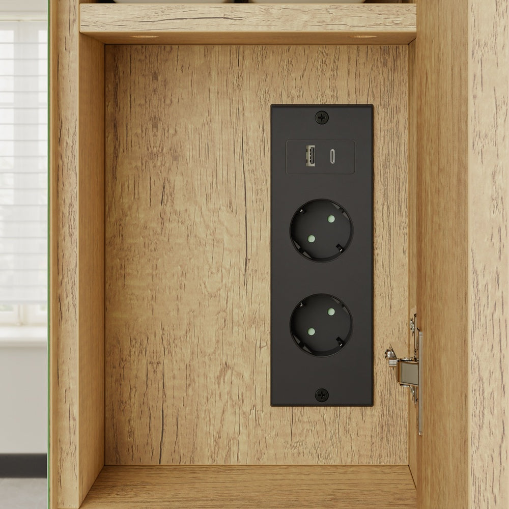 SoBuy Hangeschrank Spiegelschrank Bad mit Beleuchtung und Steckdose Helle Eiche BZR238-E-N