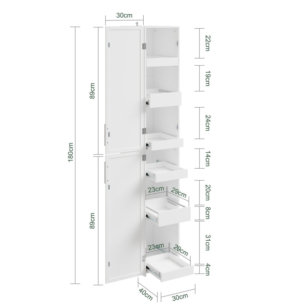 SoBuy Badezimmer Hochschrank Bad-Hochschrank Weiß Schmal mit 6 Schubladen und 2 Türen BZR243-W