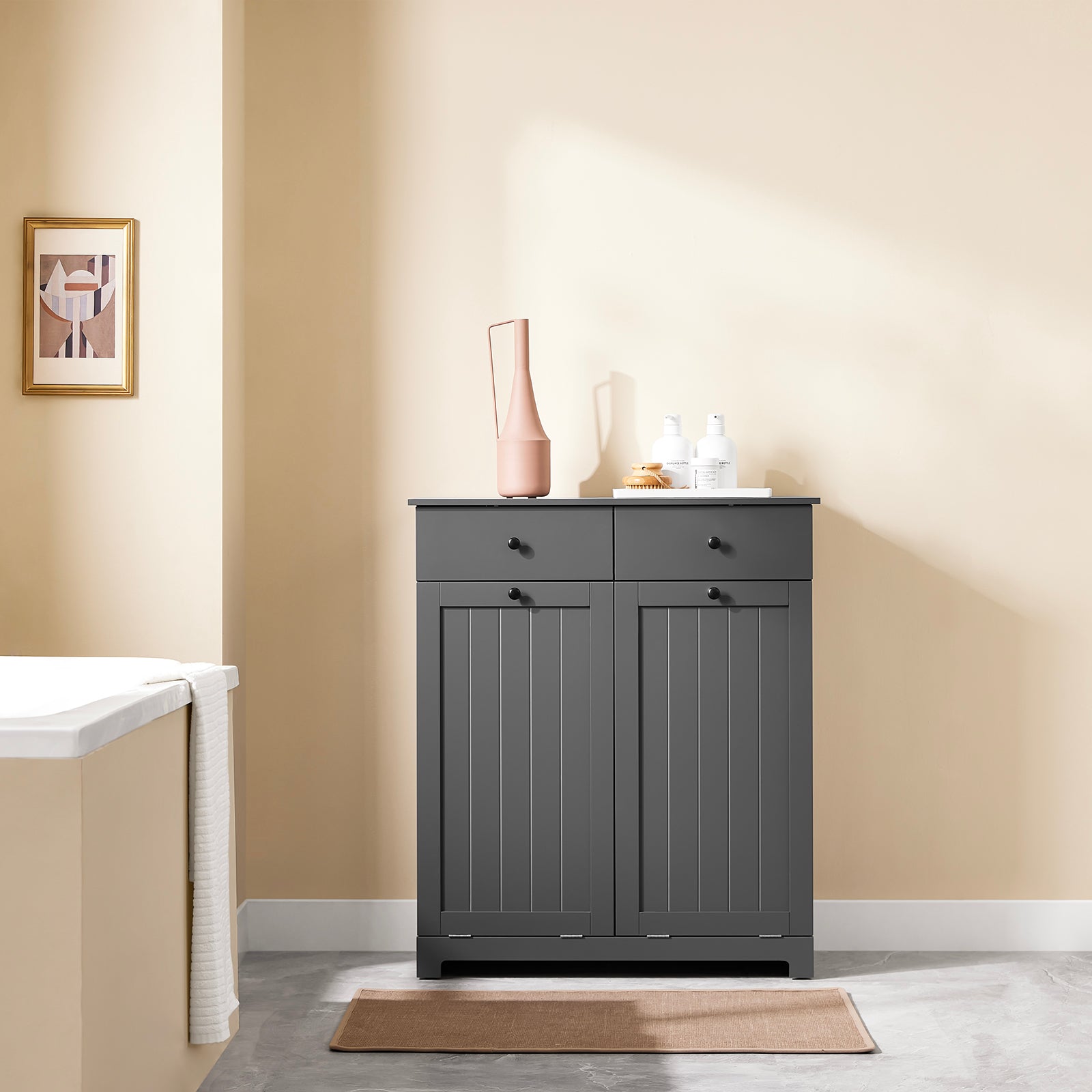 SoBuy | Badezimmerschrank mit 2 Wäschesäcken | Wäschesammler | Wäschekorb Dunkelgrau | 78x90x38cm | BZR33-II-DG