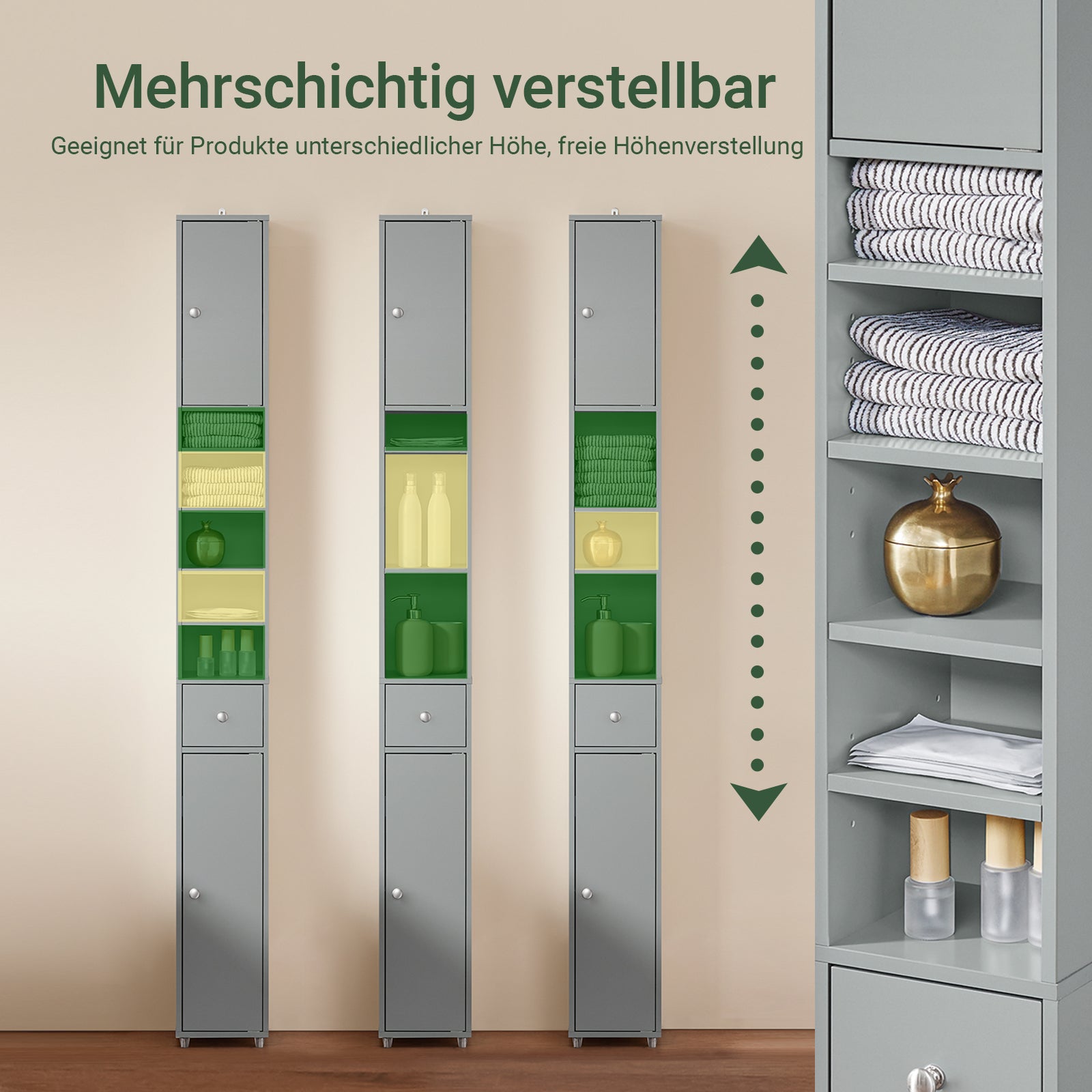 SoBuy Bad Hochschrank mit Verstellbare Ablagen schmal Hellgrau 20x180x20cm BZR34-HG