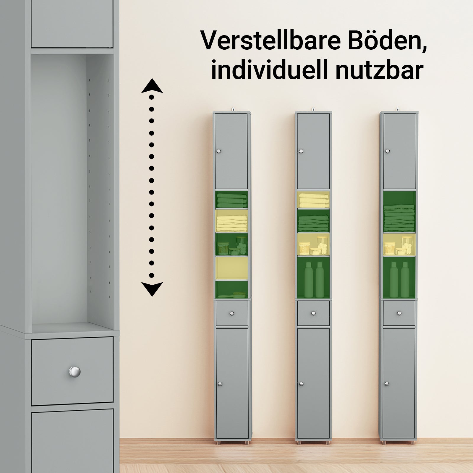 SoBuy | Bad Hochschrank | mit Verstellbare Ablagen schmal | Hellgrau | 20x180x20cm | BZR34-II-HG