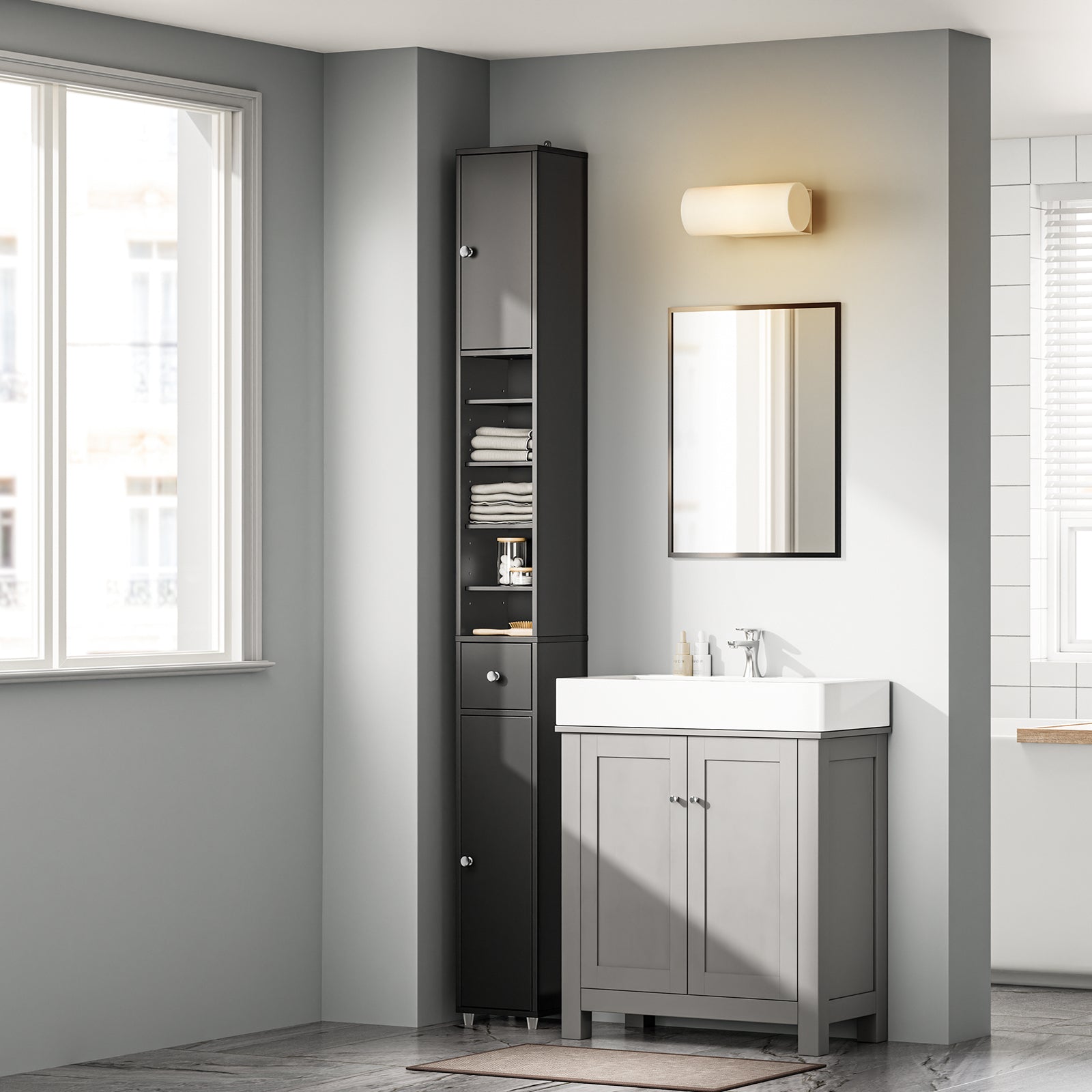 SoBuy | Bad Hochschrank | mit Verstellbare Ablagen schmal | Schwarz | 20x180x20cm | BZR34-II-SCH