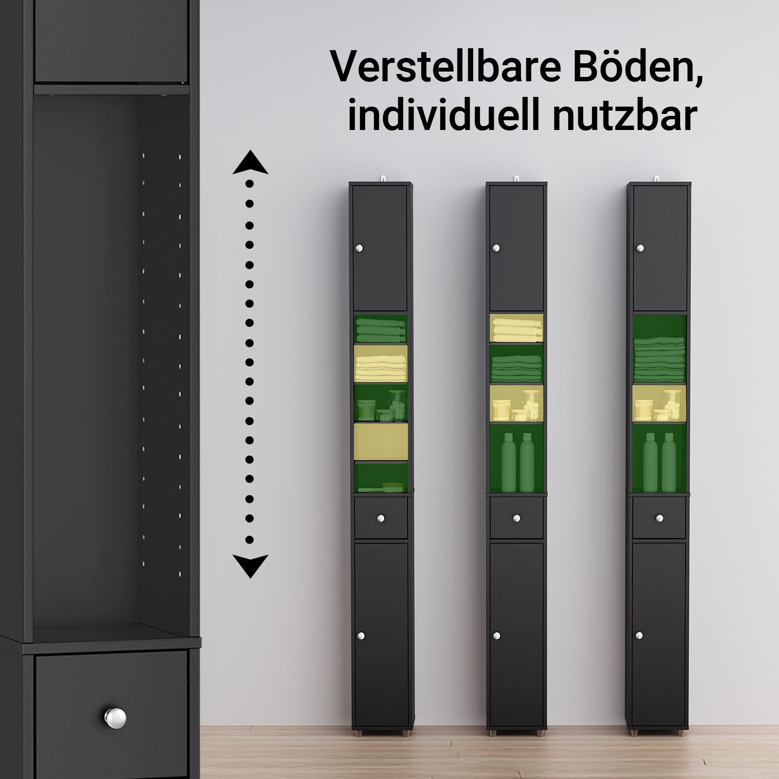 SoBuy | Bad Hochschrank | mit Verstellbare Ablagen schmal | Schwarz | 20x180x20cm | BZR34-II-SCH