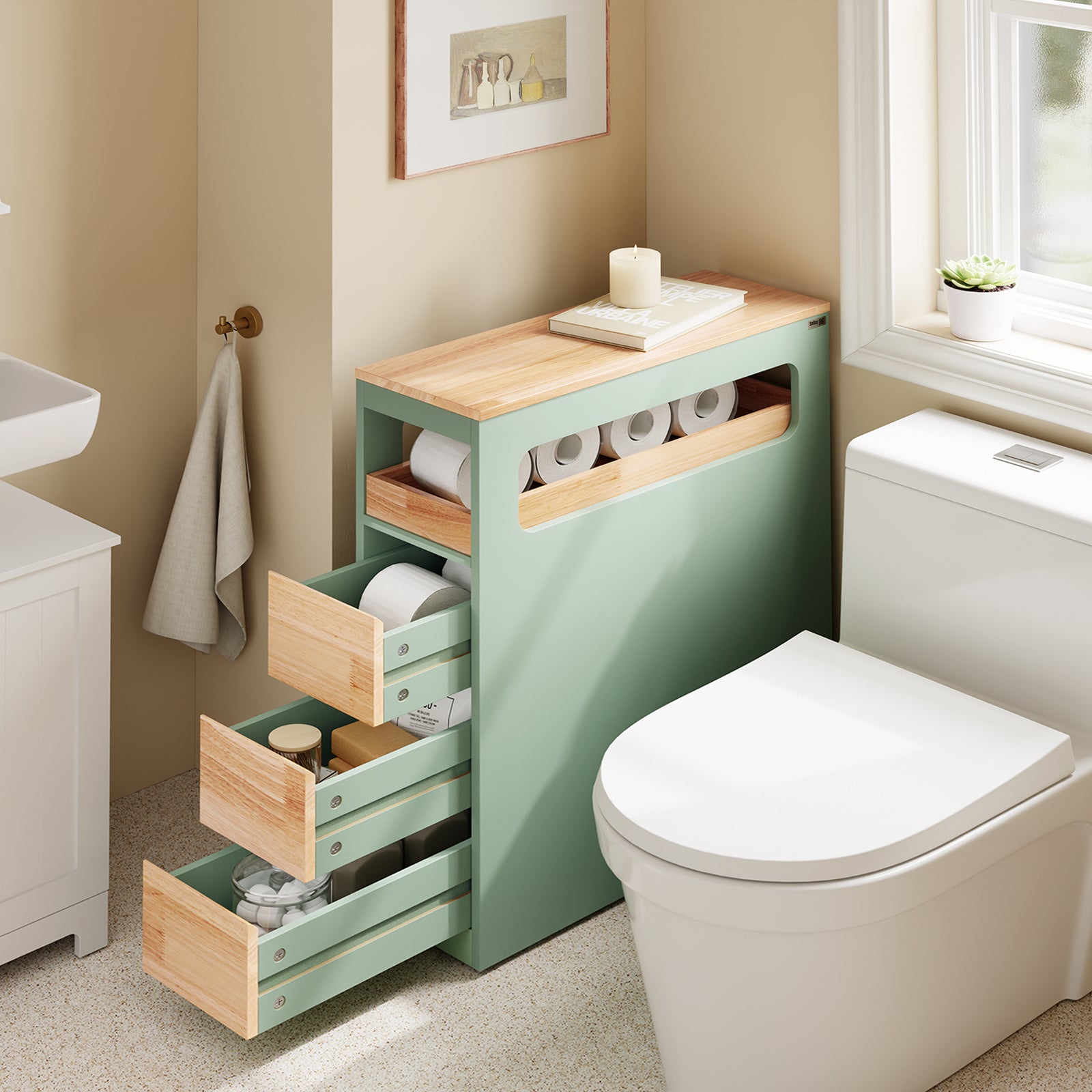 SoBuy | Nischenregal mit 3 Schubladen | Küchenregal | Rollwagen | Grün | BZR54-II-GR