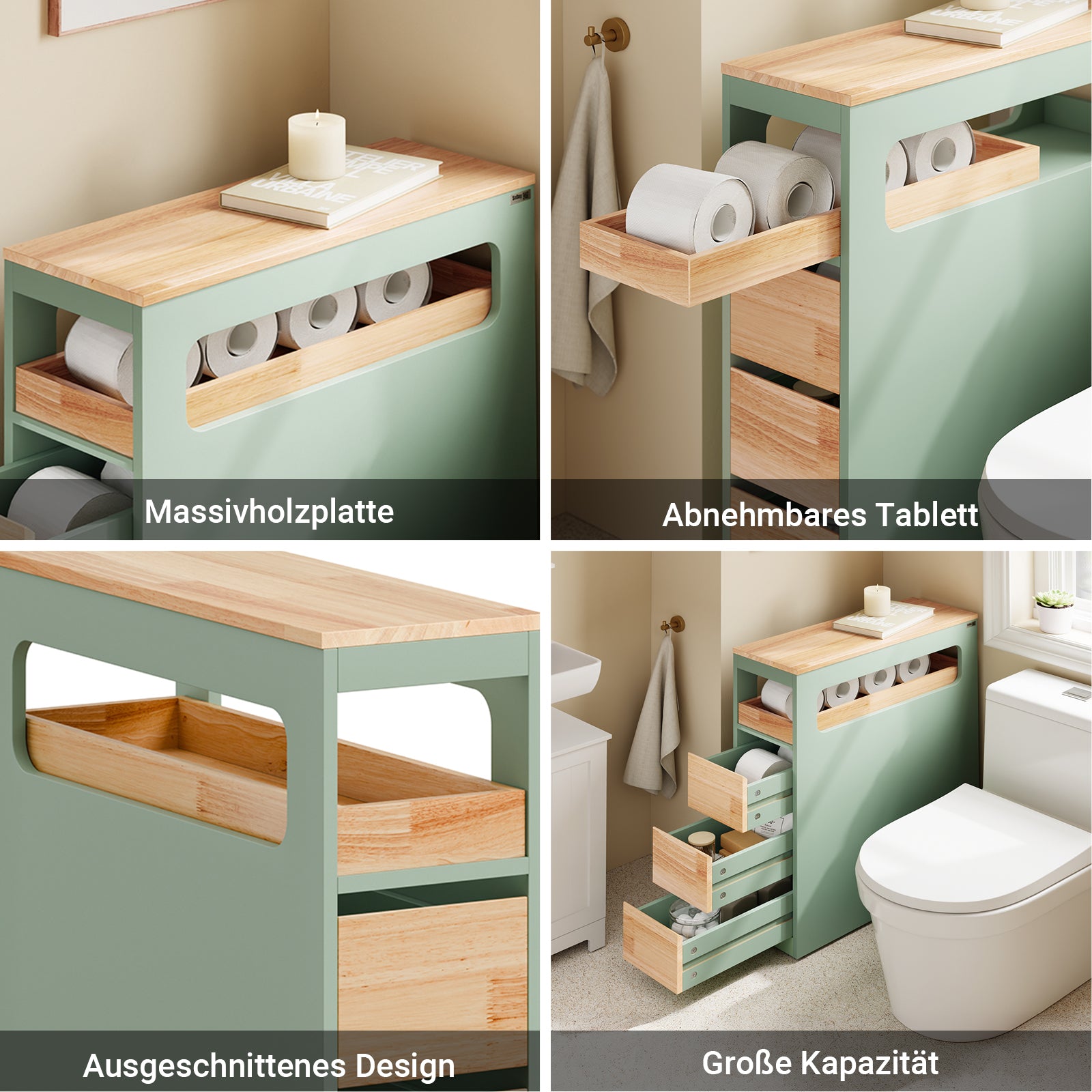 SoBuy | Nischenregal mit 3 Schubladen | Küchenregal | Rollwagen | Grün | BZR54-II-GR
