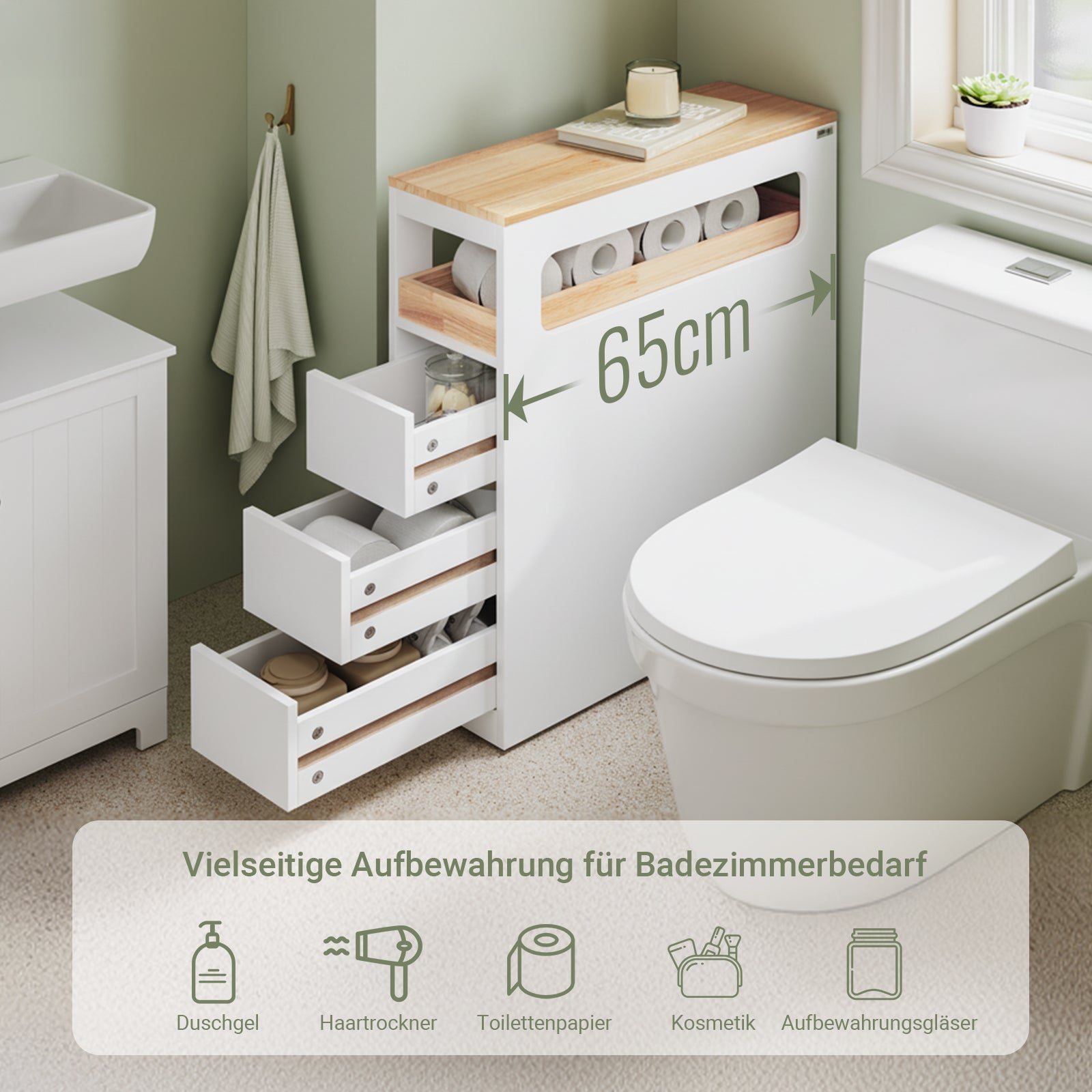SoBuy Badezimmerschrank Schmal mit 3 Schubladen Weiß | BZR54-II-W