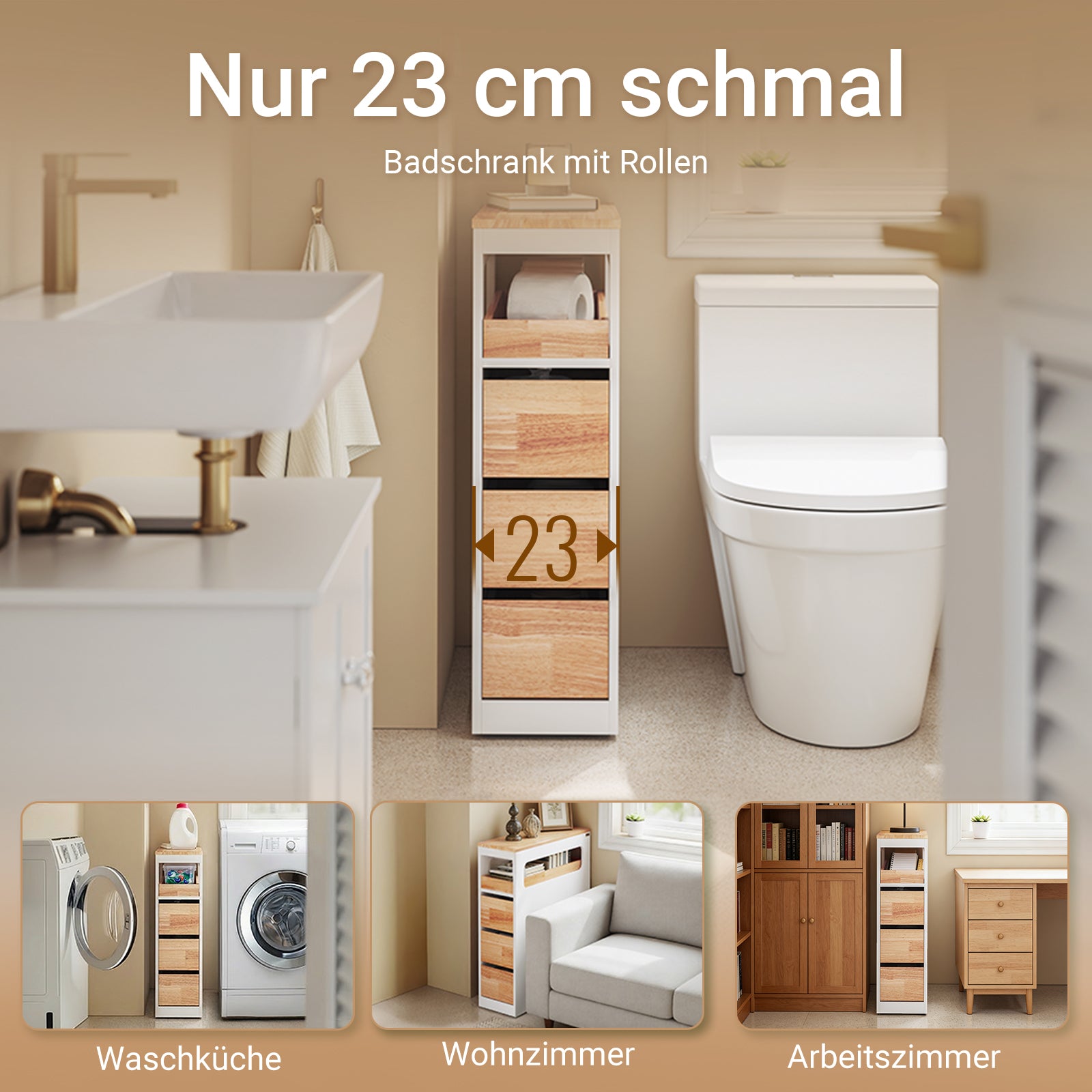 SoBuy Badezimmerschrank Schmal mit Rollen Weiß 65x23x82cm BZR54-III-WN