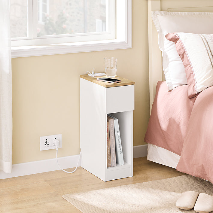 SoBuy | Nachttisch schmal | mit Mehrfachsteckdosen | Weiß-Natur | 20x60x35cm | FBT111-E-WN