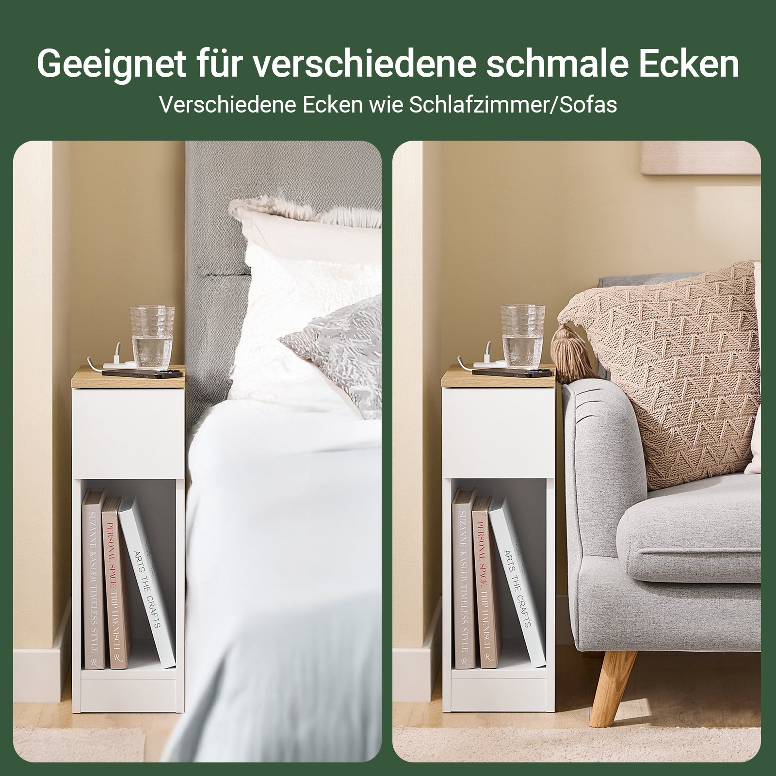 SoBuy | Nachttisch schmal | mit Mehrfachsteckdosen | Weiß-Natur | 20x60x35cm | FBT111-E-WN