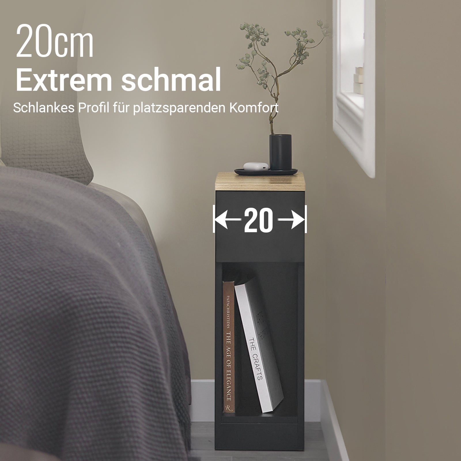 Vorverkauf | SoBuy Nachttisch schmal Beistelltisch mit Schublade Schwarz 20x60x35cm FBT111-SCH