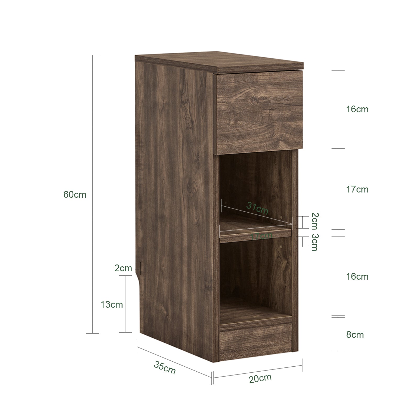 SoBuy | Nachttisch schmal Beistelltisch | mit Schublade Braun | 20x60x35cm | FBT111-SN