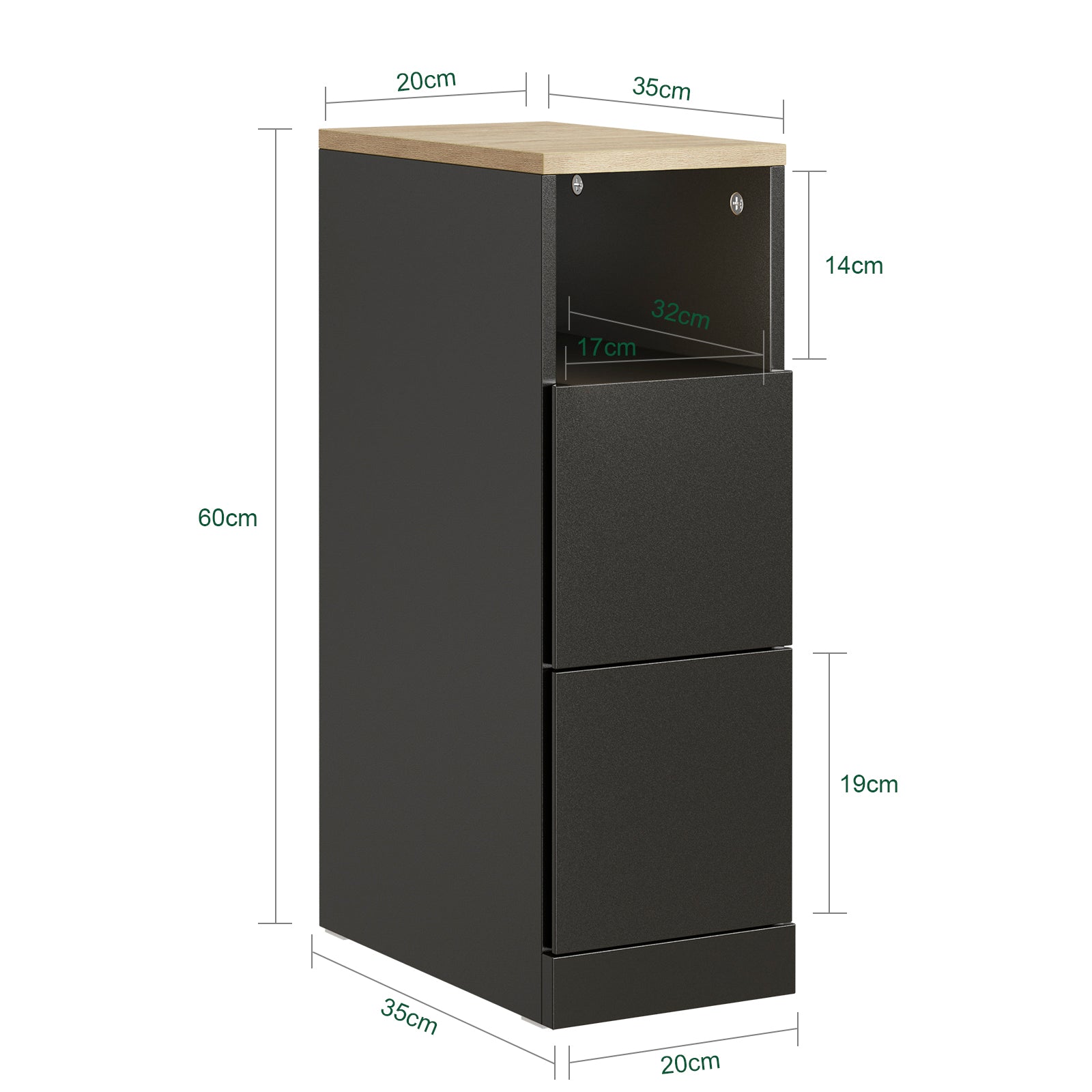 SoBuy Nachttisch schmal 20cm breit mit 2 Schubladen | Beistelltisch Schwarz 60x35cm FBT149-SCH
