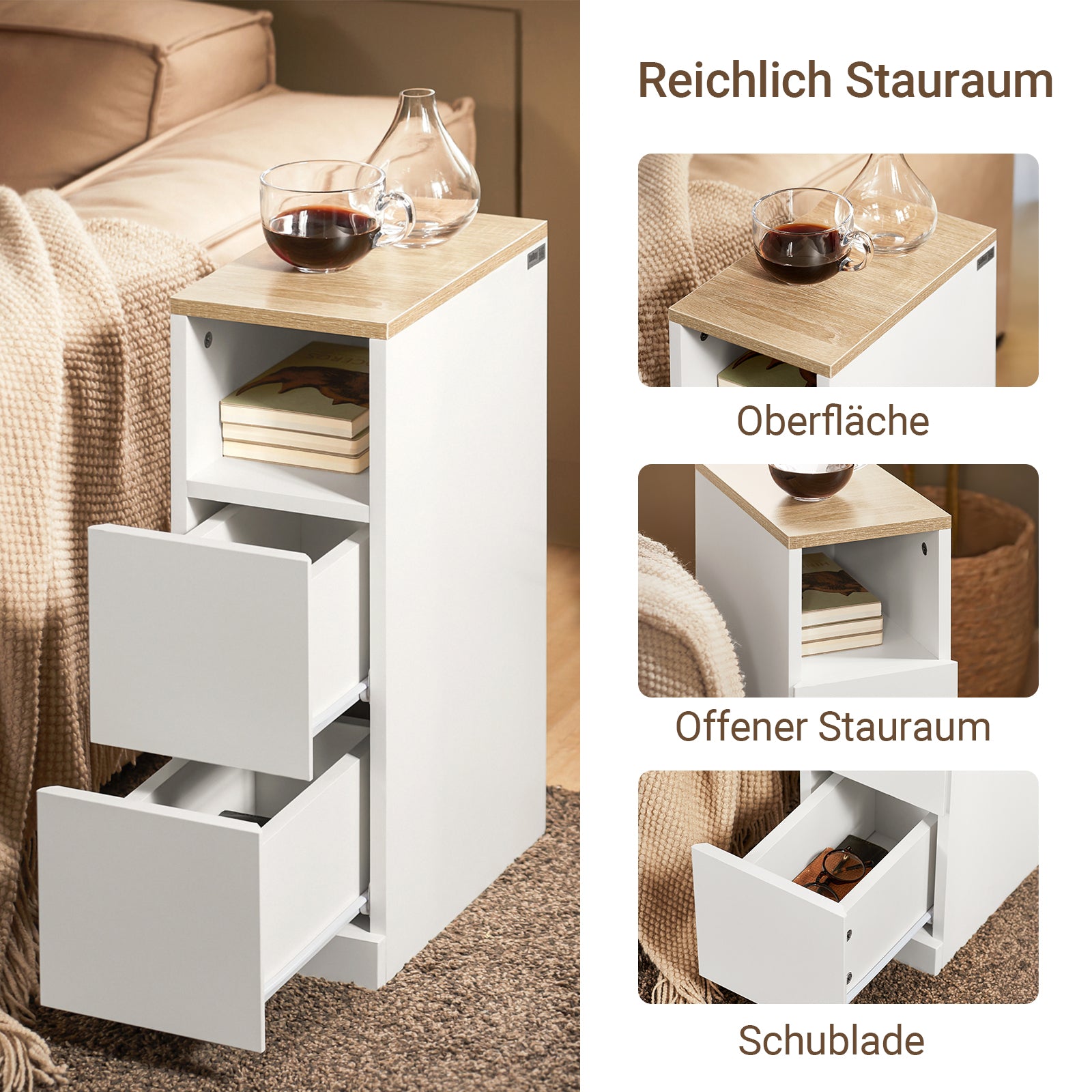 SoBuy | Nachttisch schmal Beistelltisch | mit 2 Schubladen Weiß | 20x60x35cm | FBT149-WN
