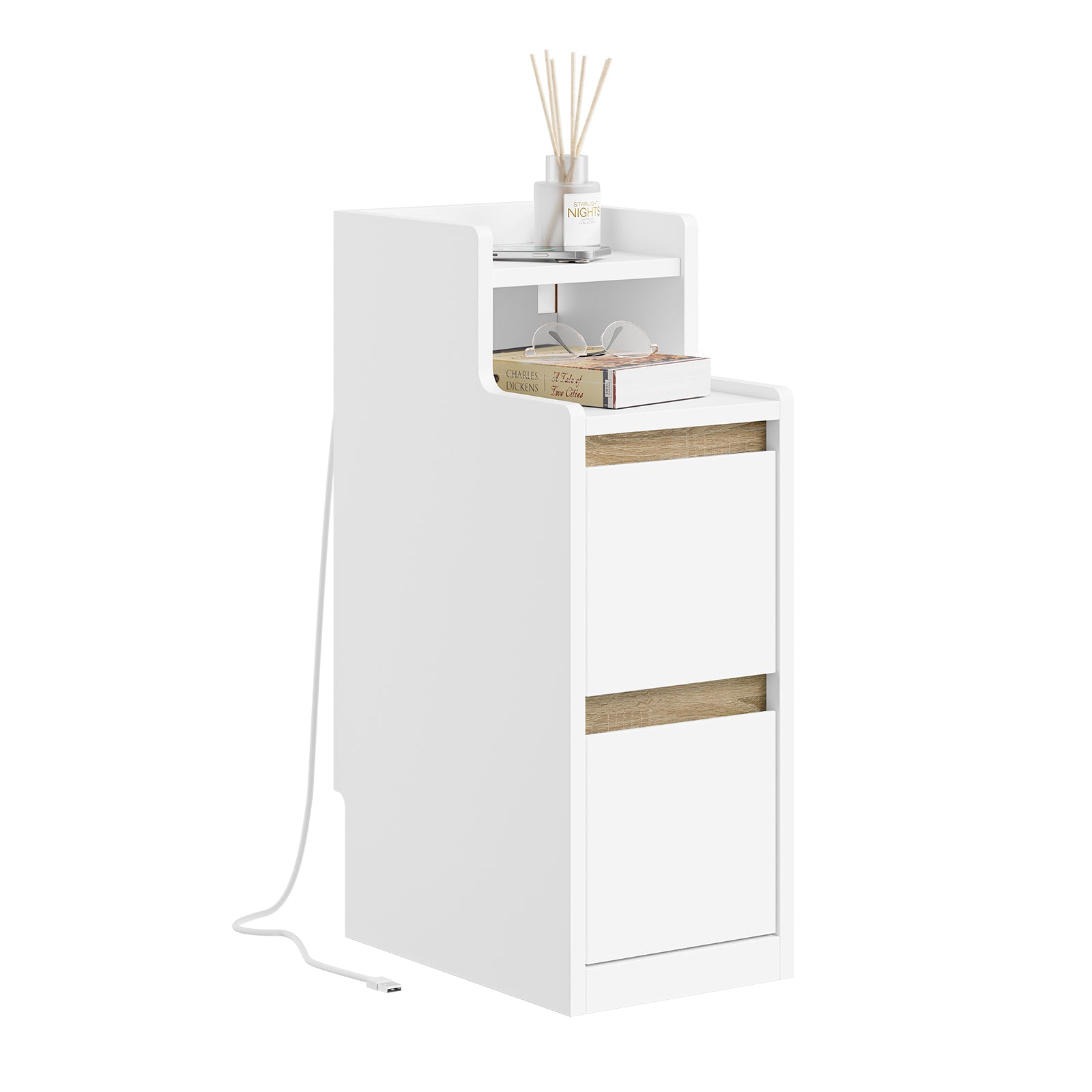 SoBuy | Nachttisch Beistelltisch schmal | mit Mehrfachsteckdosen | Weiß-Natur | 22x60x34cm | FBT178-E-WN