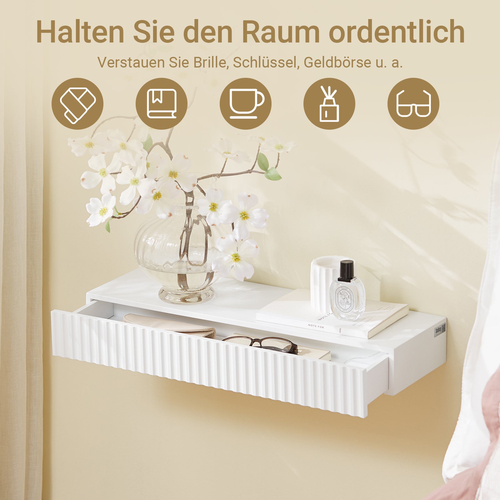 Vorverkauf | SoBuy | Schweberegal | mit Schublade | LED-Bewegungssensor-Licht | Wandschublade | Wandregal Weiß | FHK38-W