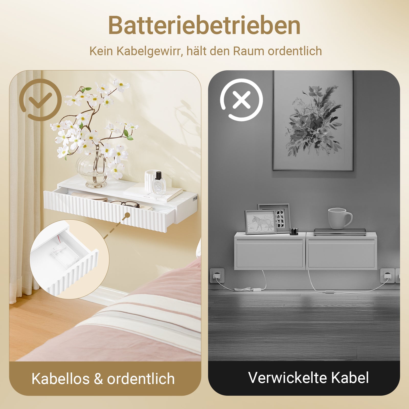 SoBuy | Schweberegal | mit Schublade | LED-Bewegungssensor-Licht | Wandschublade Weiß | FHK38-W