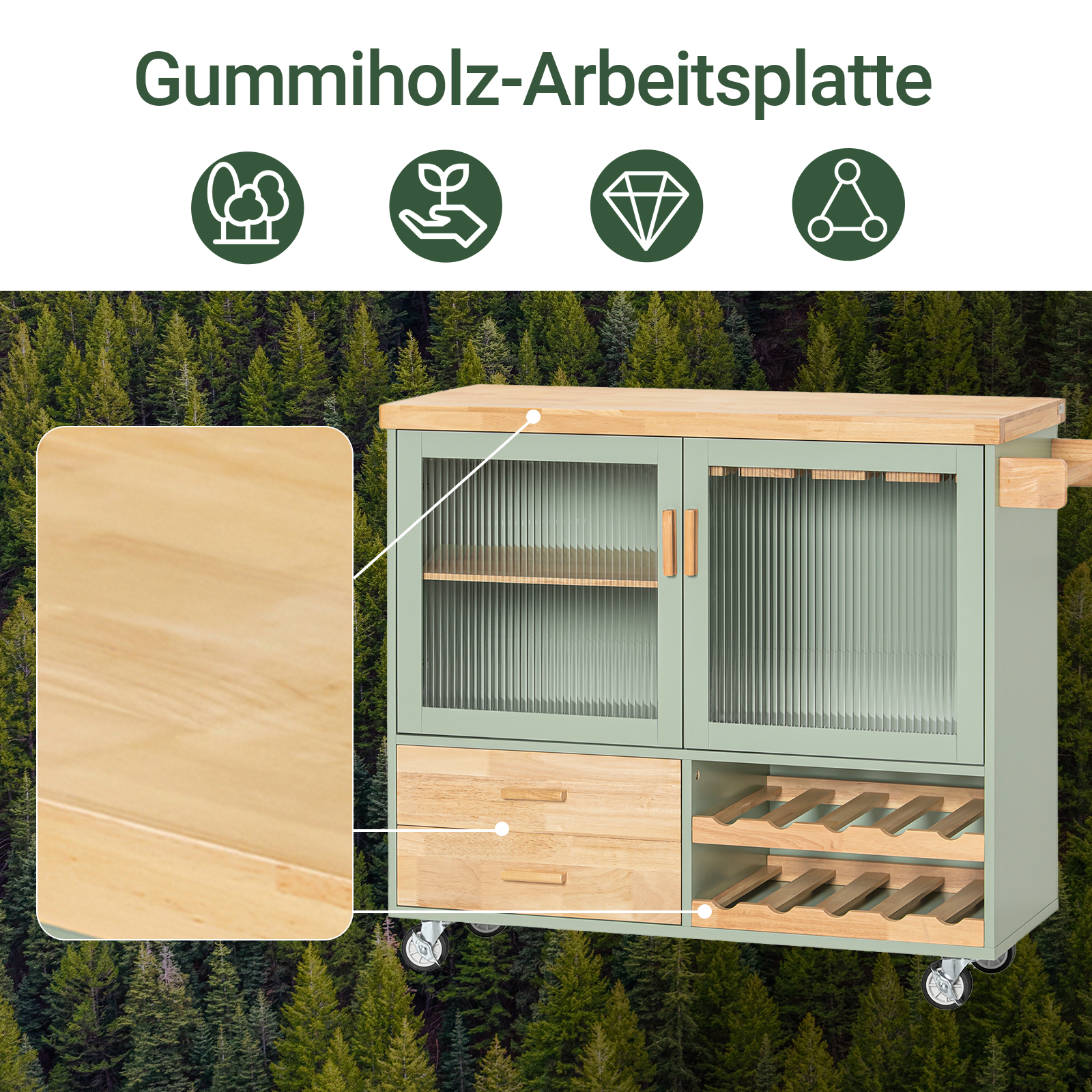 SoBuy | Küchenwagen mit Flaschenablage | Kücheninsel mit Weinglashalter | Sideboard | Grün | FKW114-GR