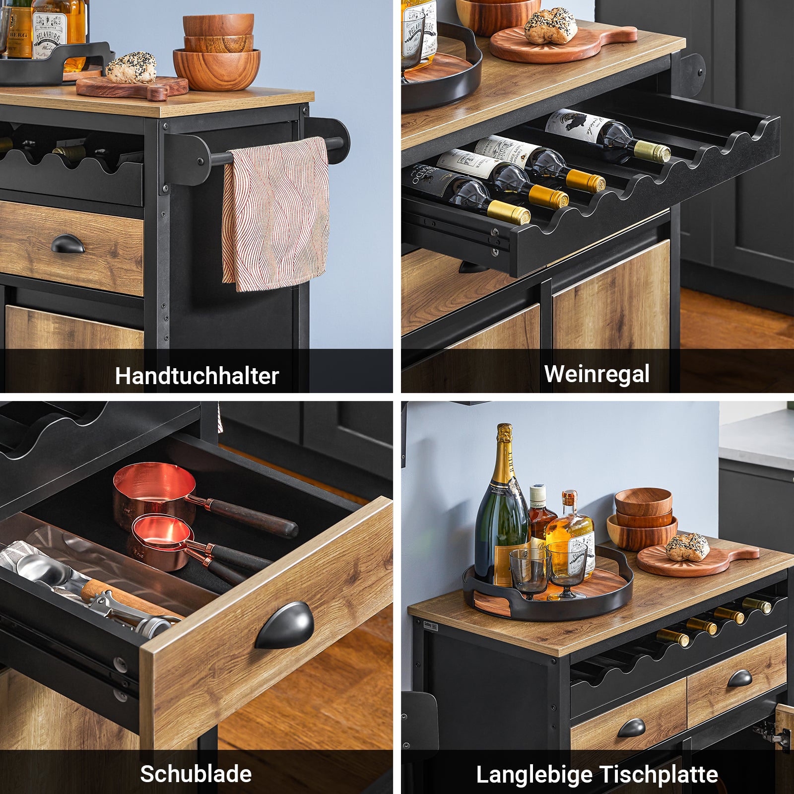 SoBuy | Küchenwagen mit Flaschenablage | Servierwagen Kücheninsel | Vintagebraun | FKW122-SCH