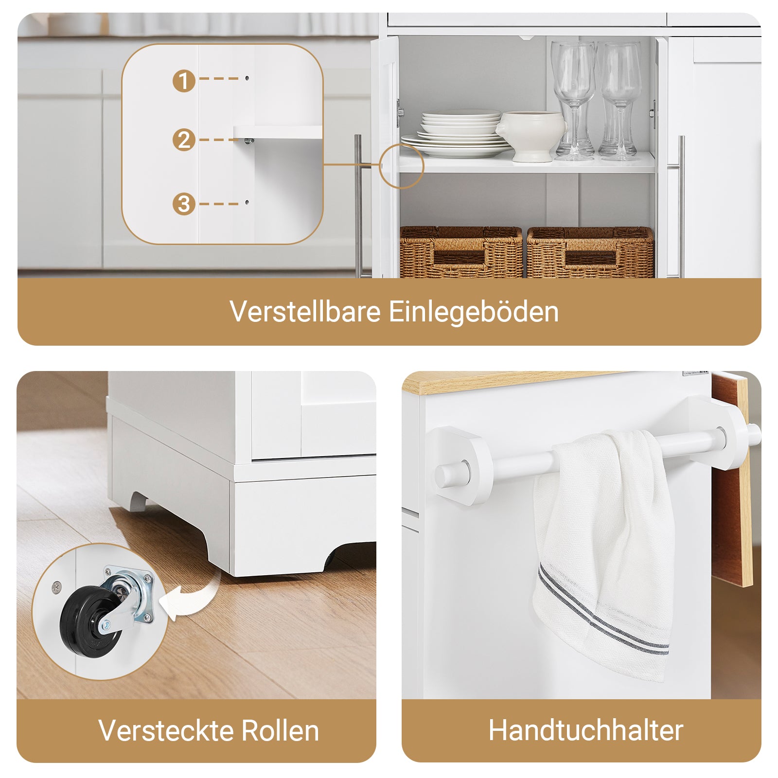 SoBuy | Kücheninsel auf Rollen | mit ausziehbarer Platte | Schubladen | Weiß | 113x91x(44-69) cm | FKW129-WN
