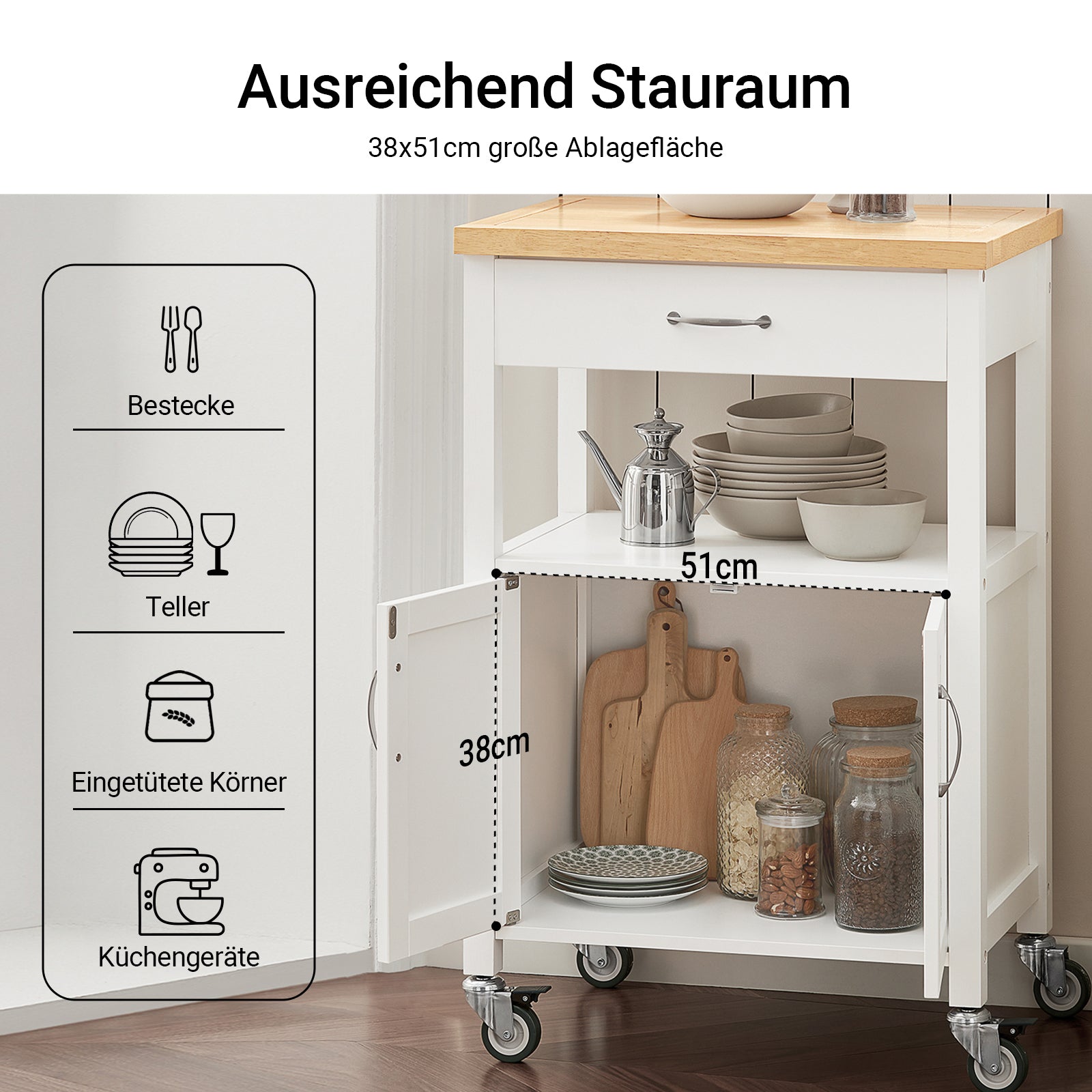 SoBuy | Servierwagen | aus Kautschukholz | Weiß-Natur | 60x92x45cm | FKW22-WN