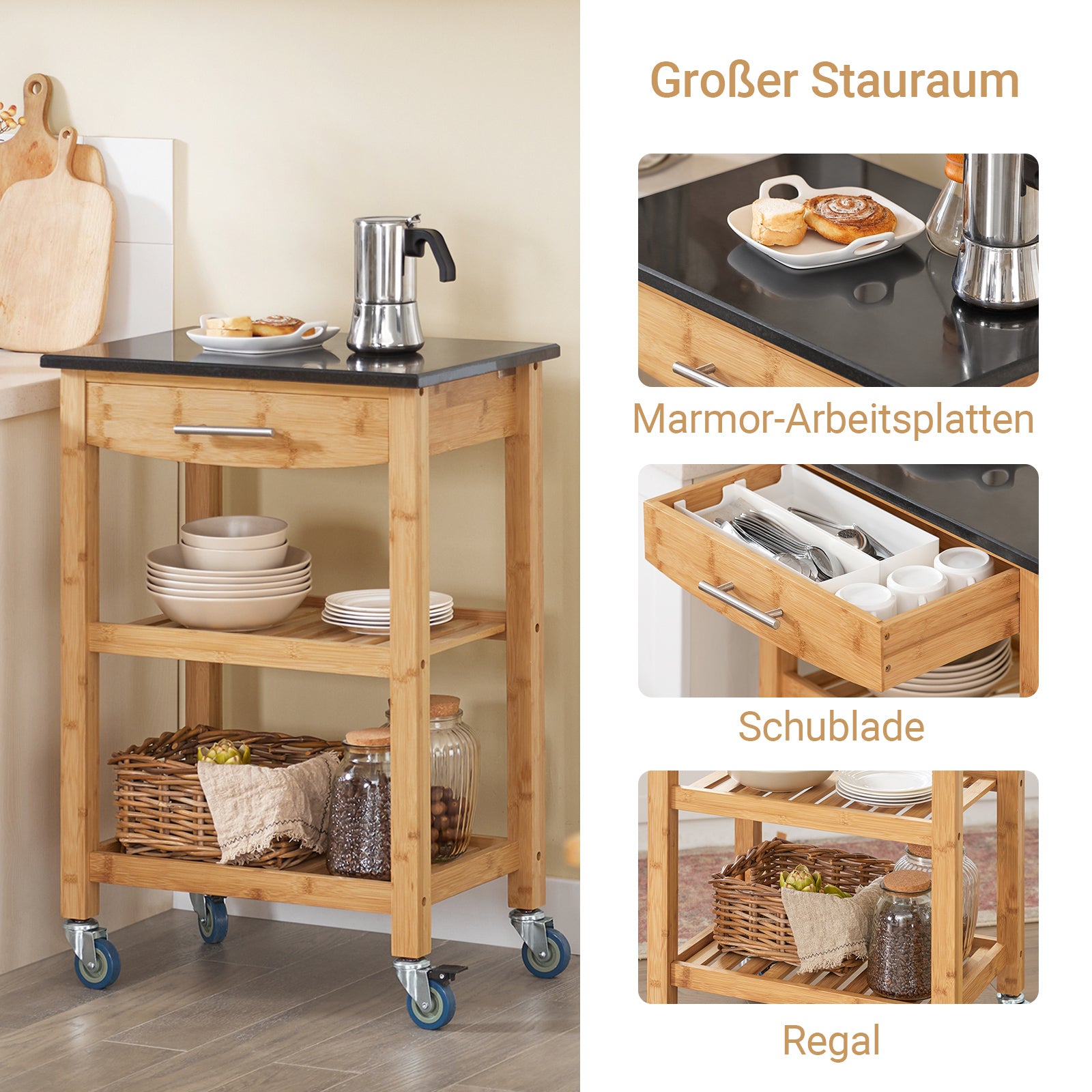 SoBuy | Küchenwagen mit Granitarbeitsplatte | Küchenrollwagen | Servierwagen Bambus | FKW28-SCH