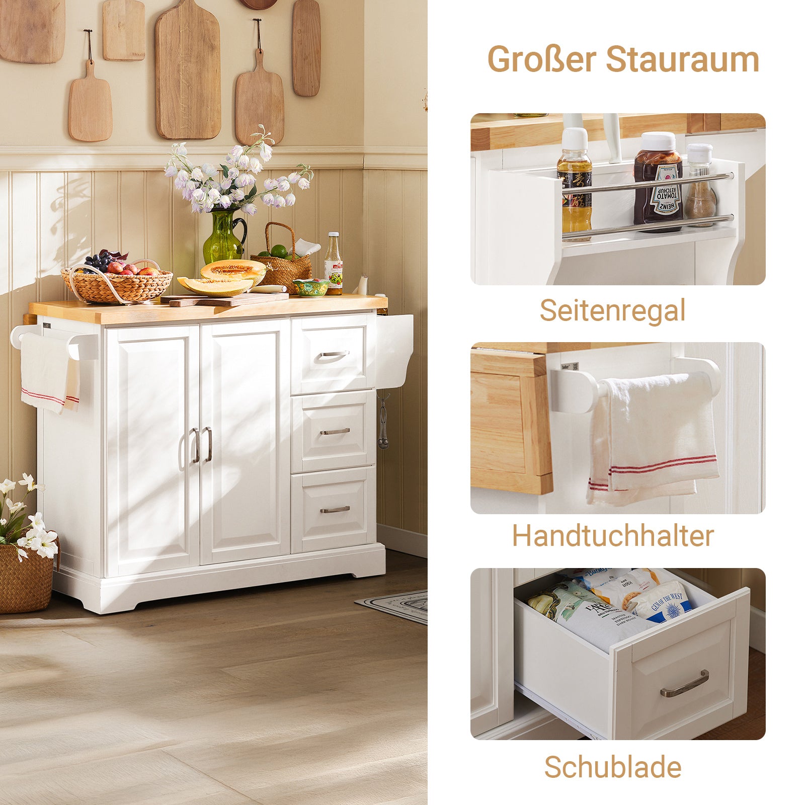 SoBuy | Kücheninsel | Küchenwagen mit erweiterbarer Arbeitsfläche | Küchenschrank Weiß | FKW41-WN