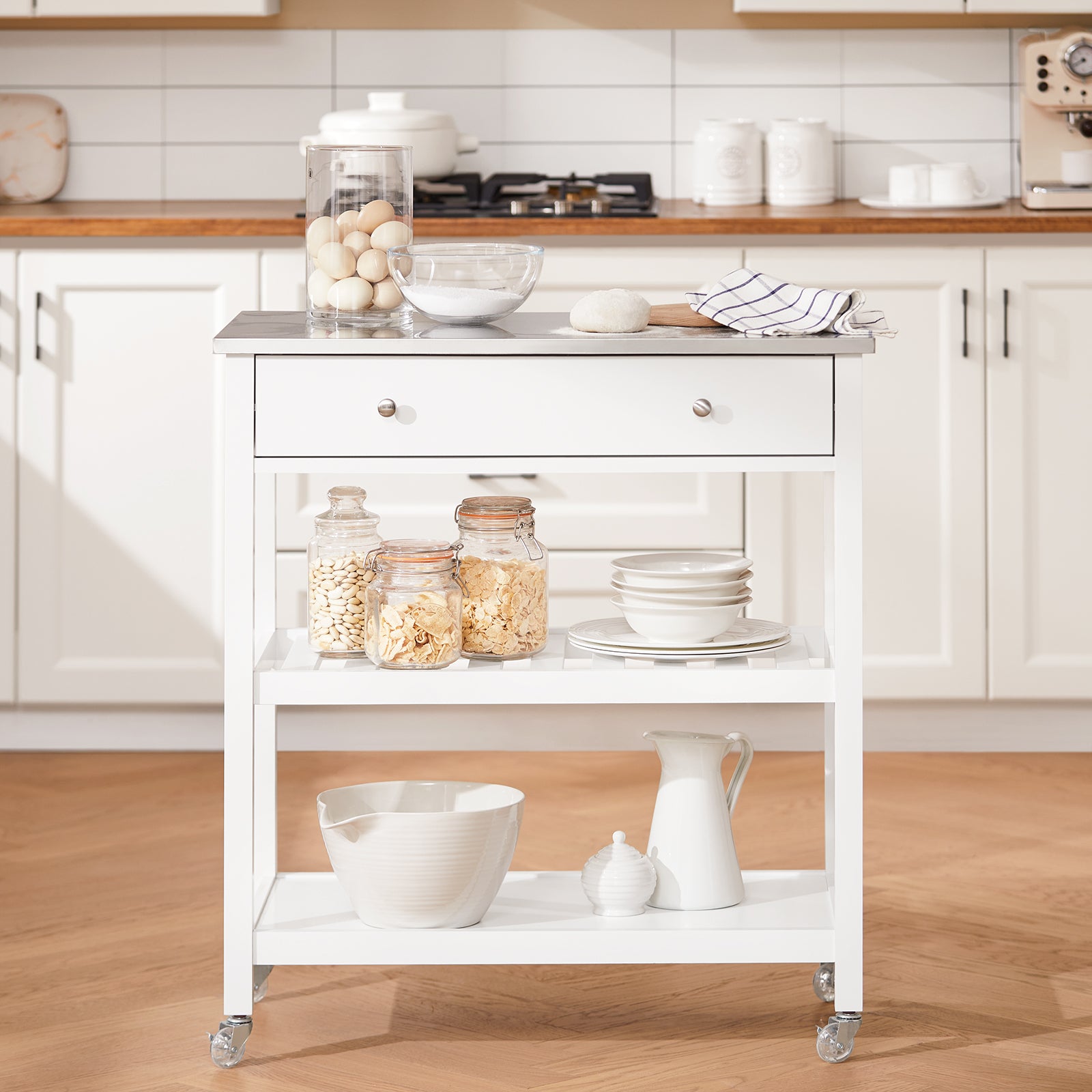 SoBuy | Küchenwagen mit Edelstahlplatte | Sideboard | Servierwagen Weiß | 81x90x45cm | FKW47-II-W