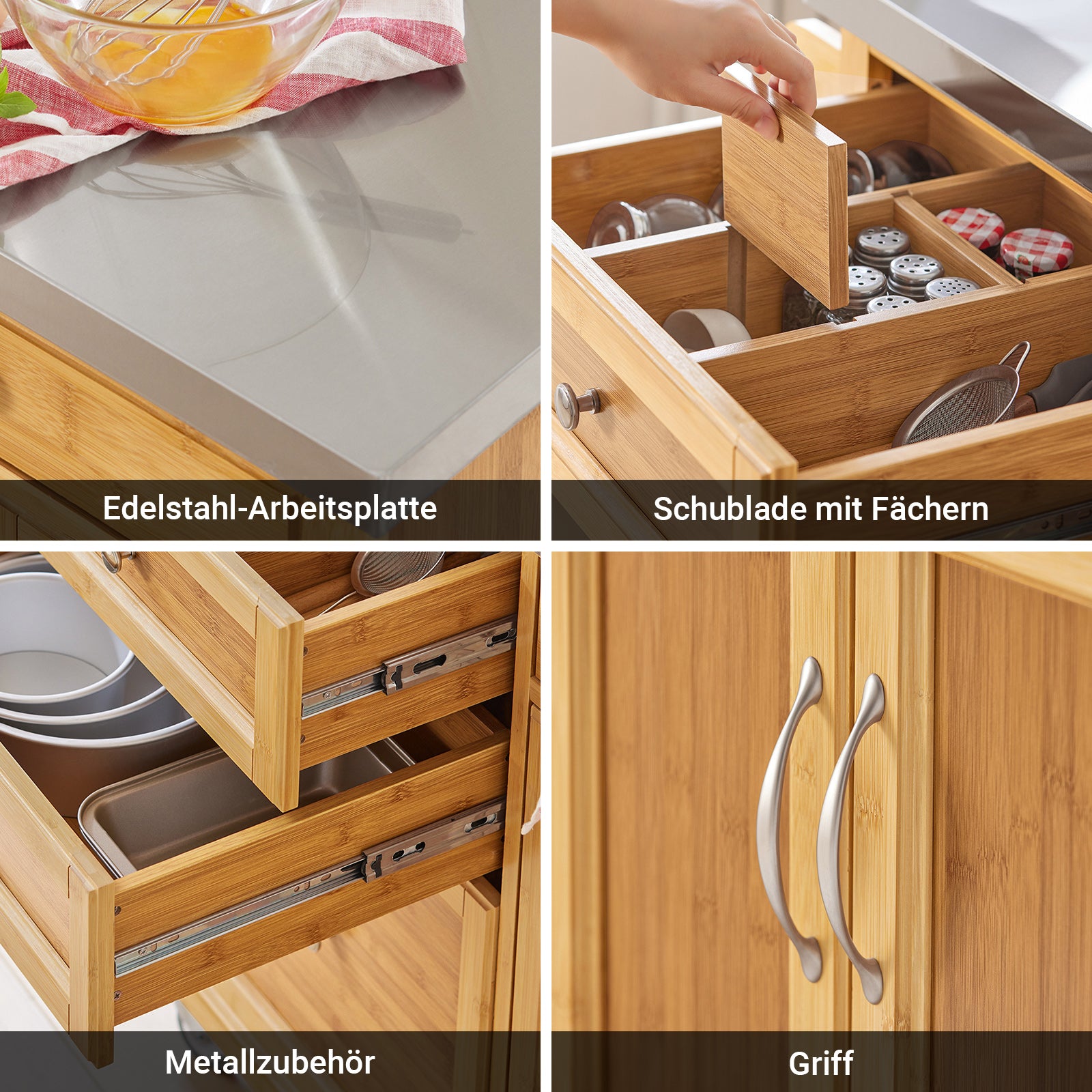 SoBuy | Kücheninsel | Küchenwagen mit Edelstahlarbeitsplatte | Küchenschrank Bambus | FKW70-N