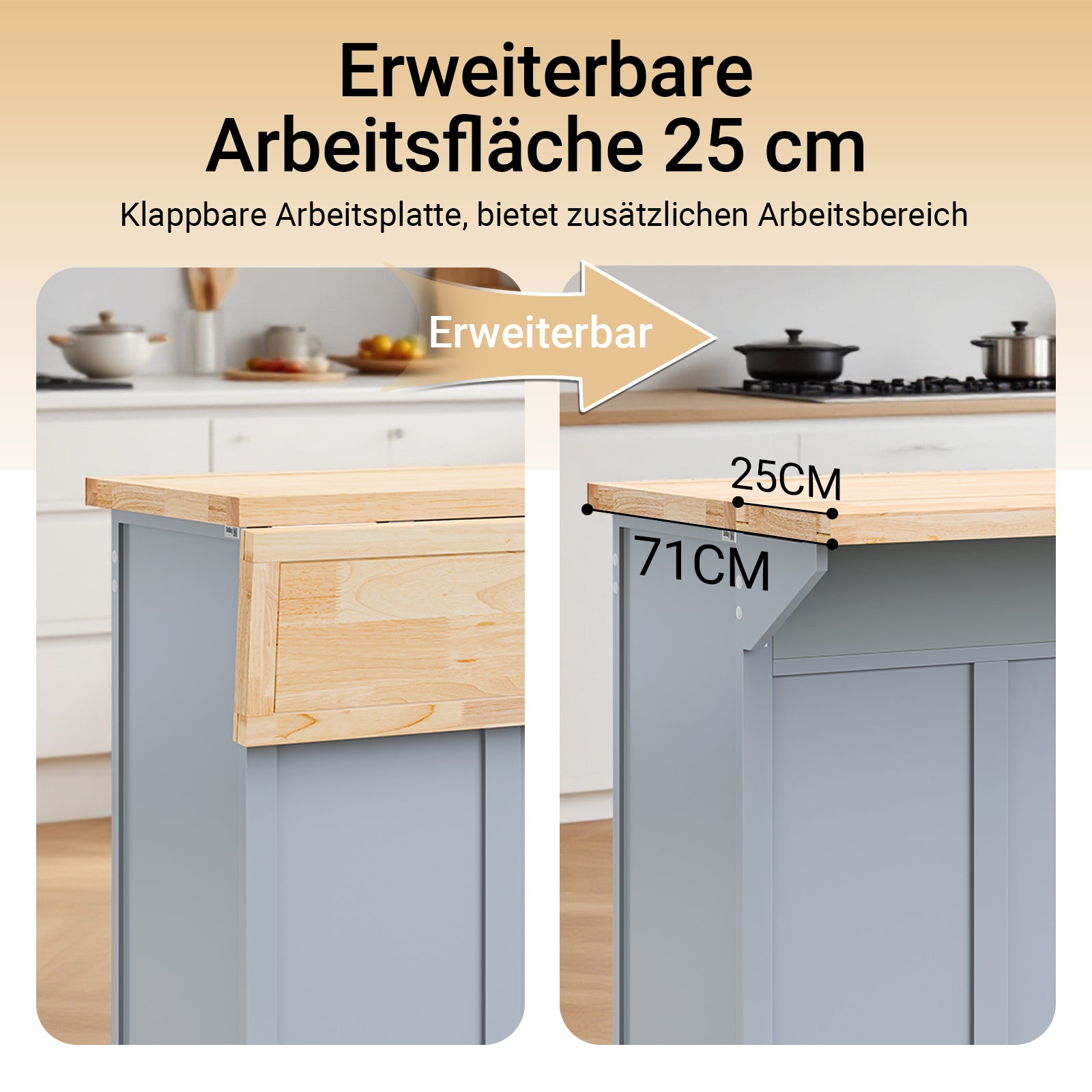 SoBuy | Kücheninsel | Küchenwagen mit erweiterbarer Arbeitsfläche | Küchenschrank | FKW71-II-HG