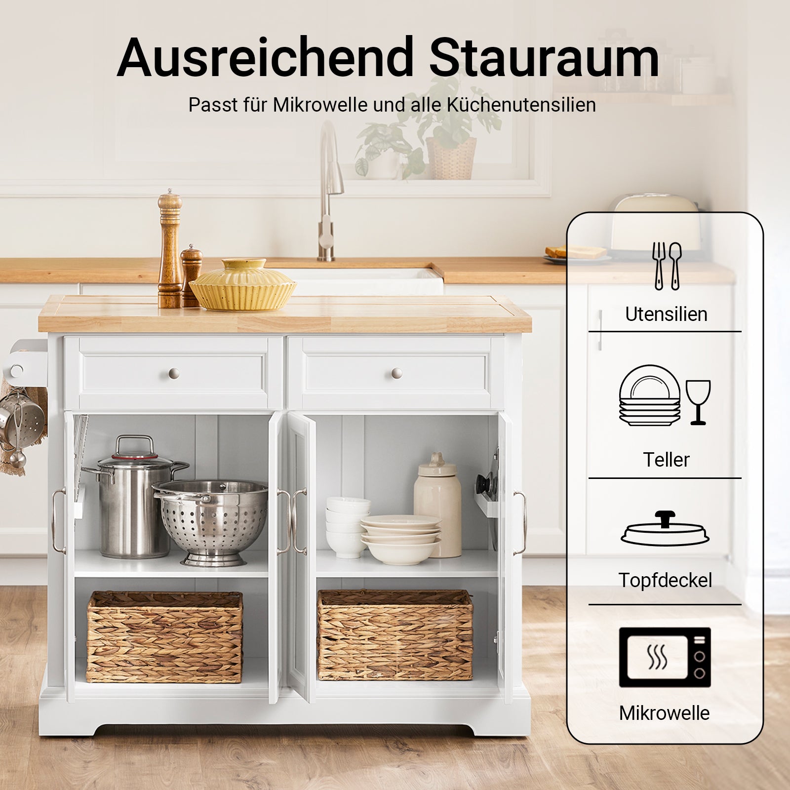 SoBuy Kücheninsel mit Rollen Küchenwagen mit ausziehbarer Arbeitsplatte Weiß 115x92x(46-71) cm FKW71-III-WN