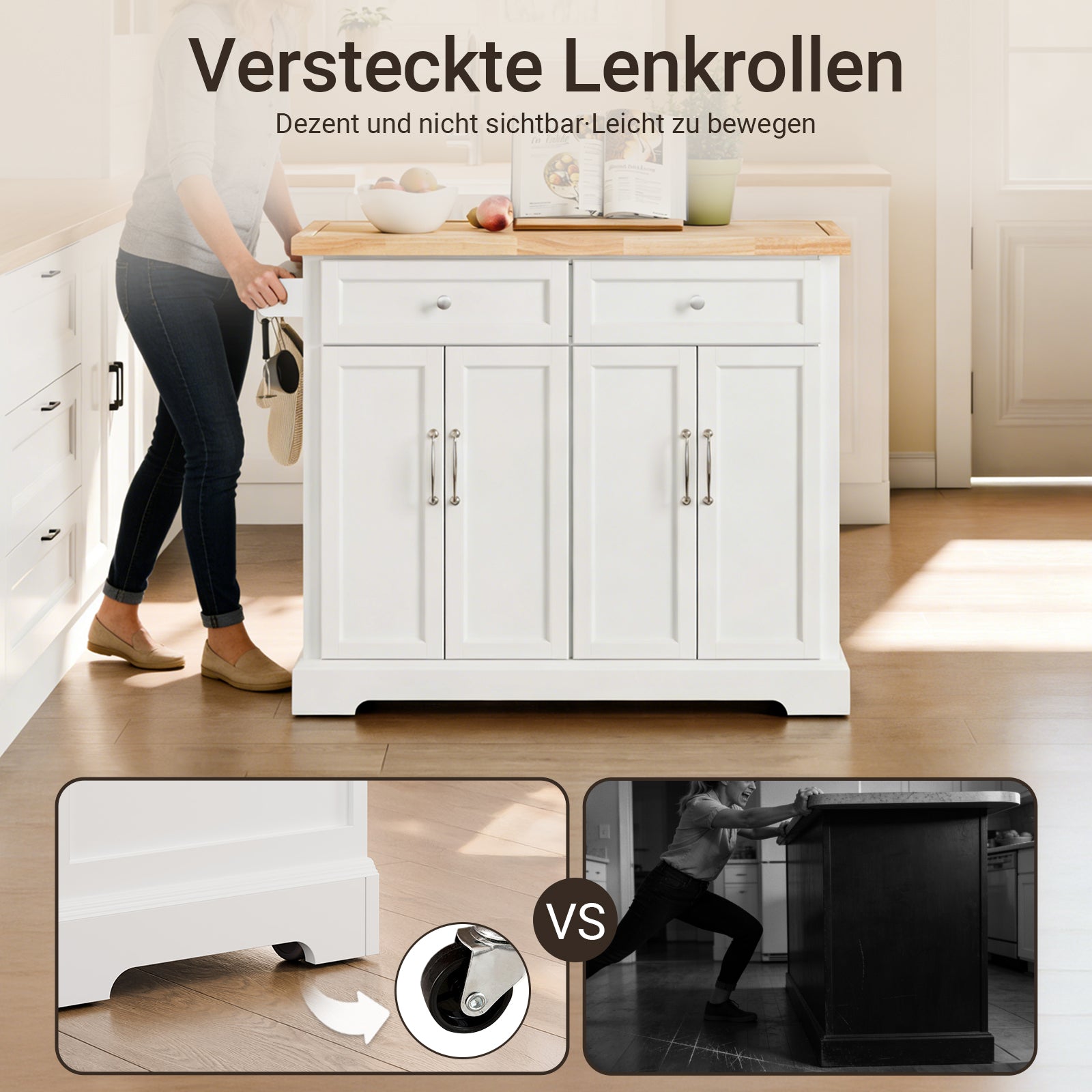 SoBuy Kücheninsel mit Rollen Küchenwagen mit ausziehbarer Arbeitsplatte Weiß 115x92x(46-71) cm FKW71-III-WN