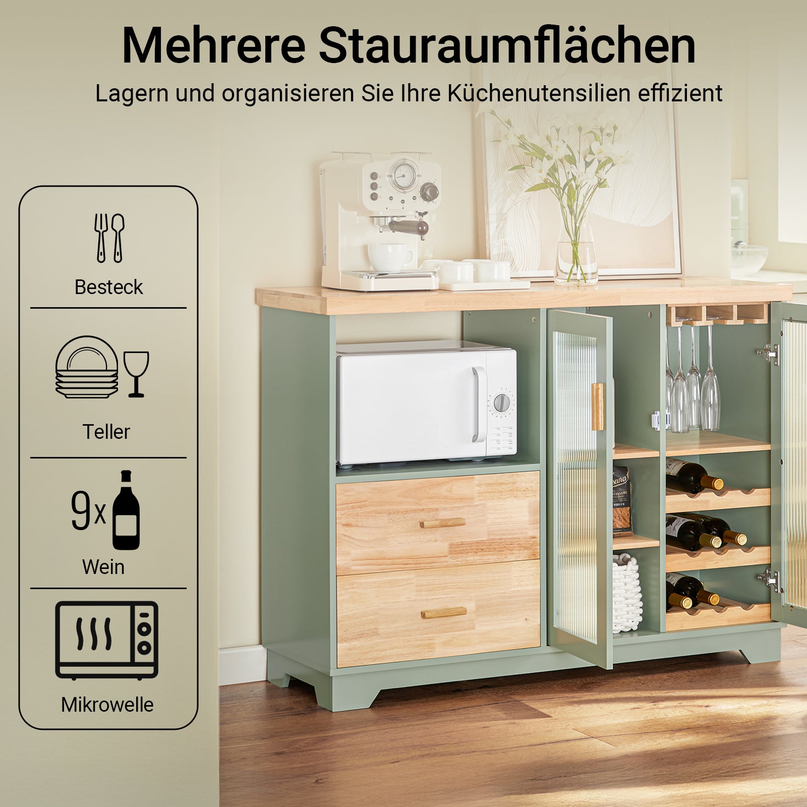 SoBuy | Sideboard mit 2 Glastüren | Küchenschrank | Flurschrank | Grün | FSB81-GR