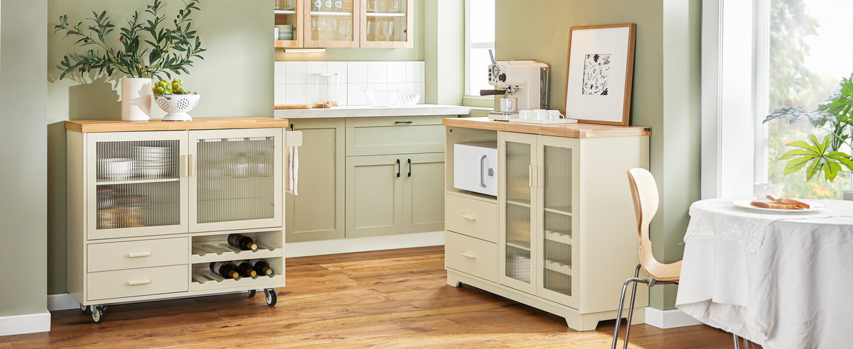 Vorverkauf | SoBuy | Küchenwagen mit Flaschenablage | Kücheninsel mit Weinglashalter | Küchenschrank | Sideboard | Beige | FKW114-MI