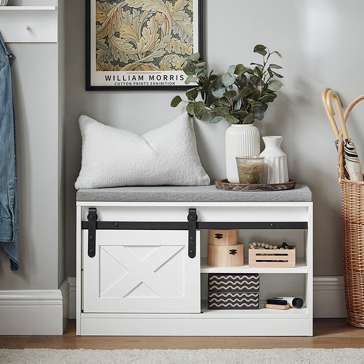 SoBuy | Schuhbank mit Sitzfläche | Schuhregal | Dielenbank mit Schiebetüren | Weiß | FSR153-W