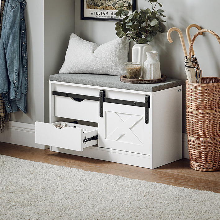 SoBuy | Schuhbank mit Sitzfläche | Schuhregal | Dielenbank mit Schiebetüren | Weiß | FSR153-W