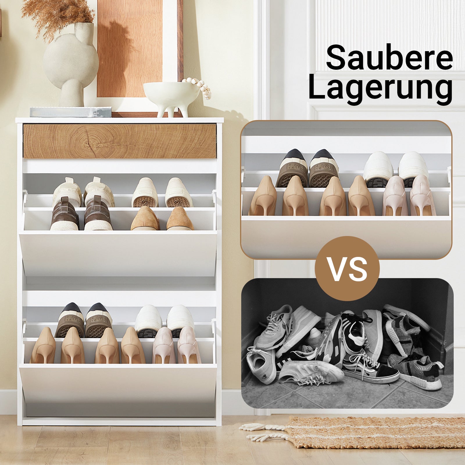 SoBuy | Schuhkipper mit 2 Klappen und 1 Schublade | Schuhschrank | Schuhregal | Weiß | FSR205-WN