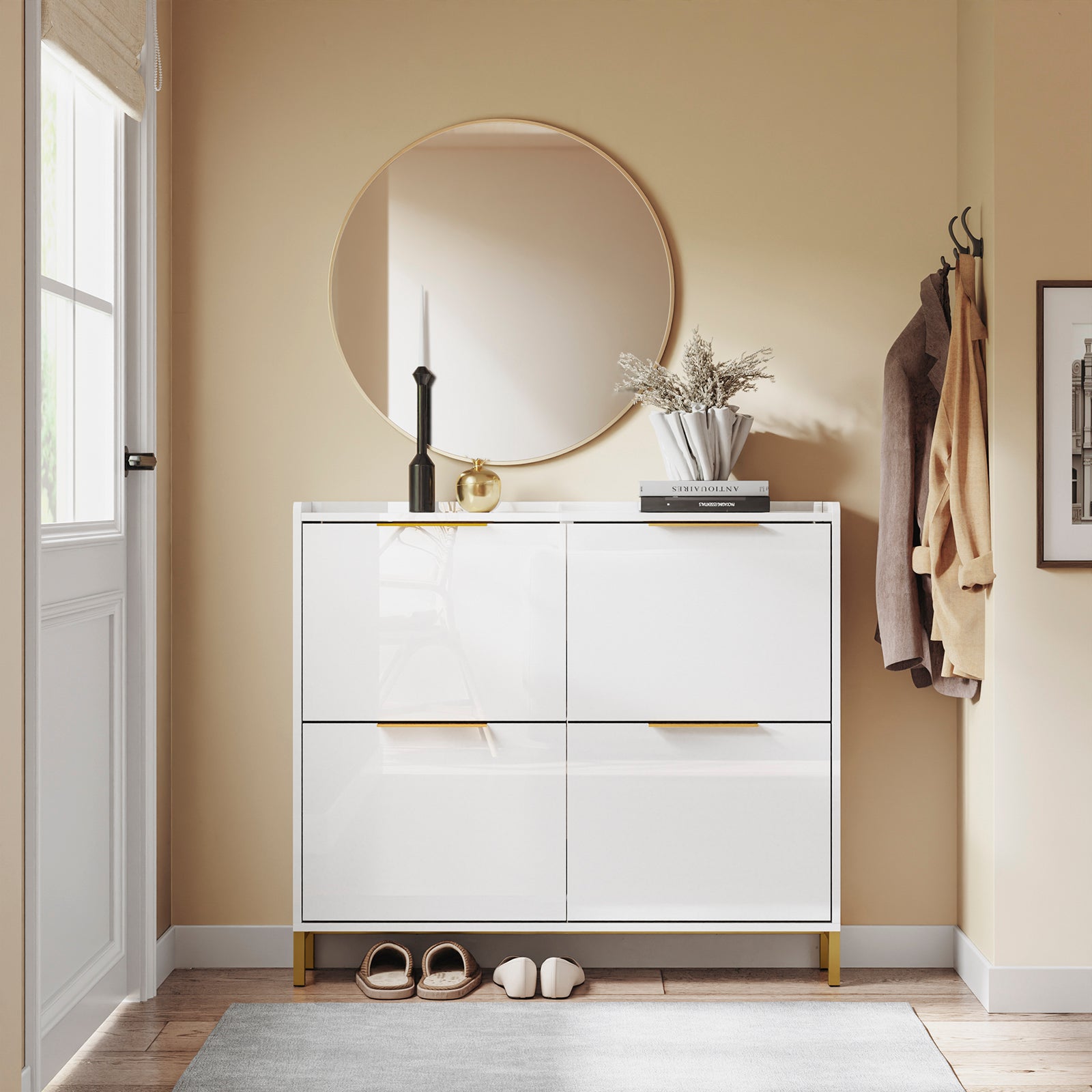 Vorverkauf | SoBuy | Schuhkipper Schmal | Schuhschrank | mit 4 Klappen | Hochglanz Weiß mit Goldgriffen | FSR206-GW